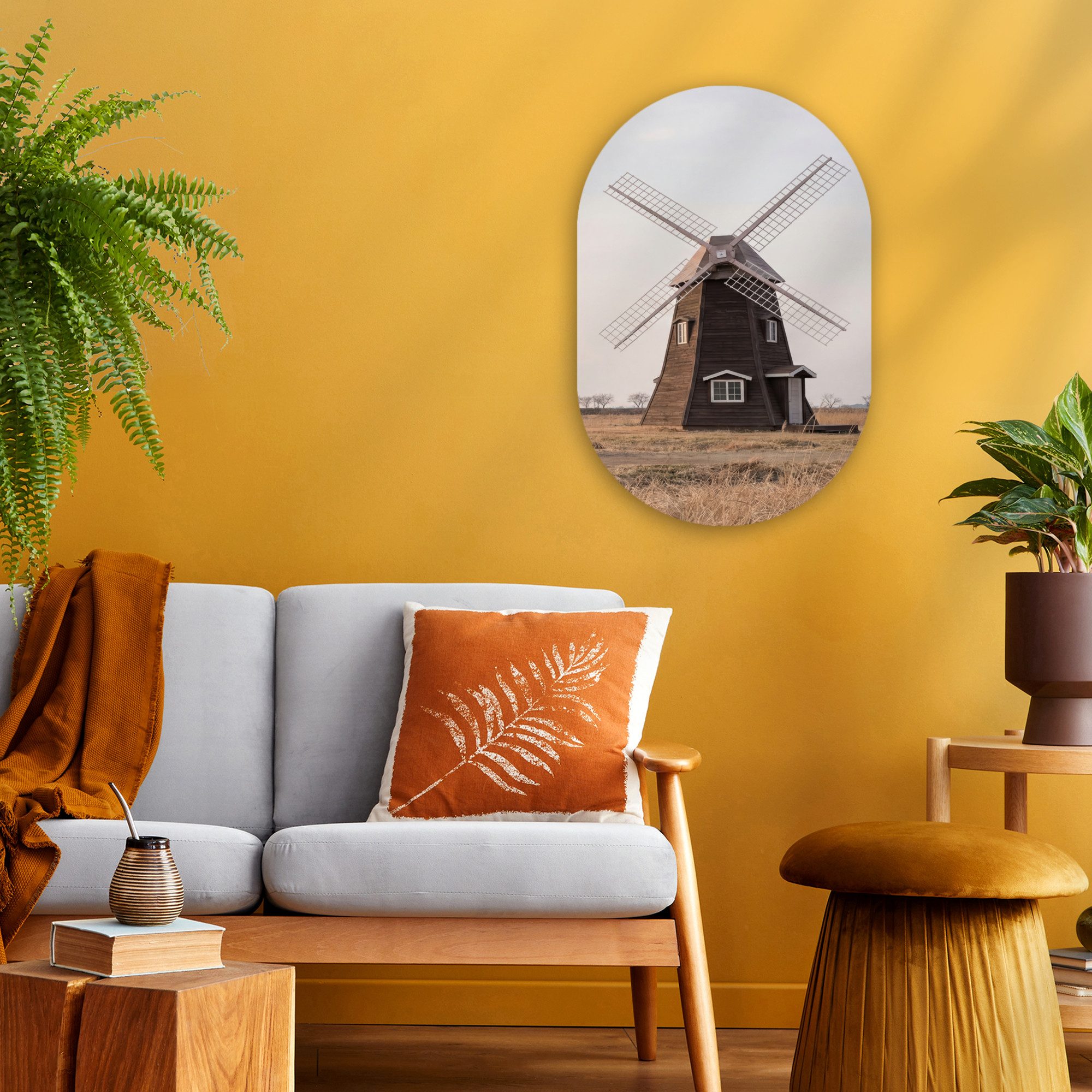MuchoWow Gemälde Windkraftanlagen - Landschaft - Feld, Fotodruck (1 St), Wandbild Oval, Wohnzimmer oder Schlafzimmer Wanddekoration, 40x60 cm