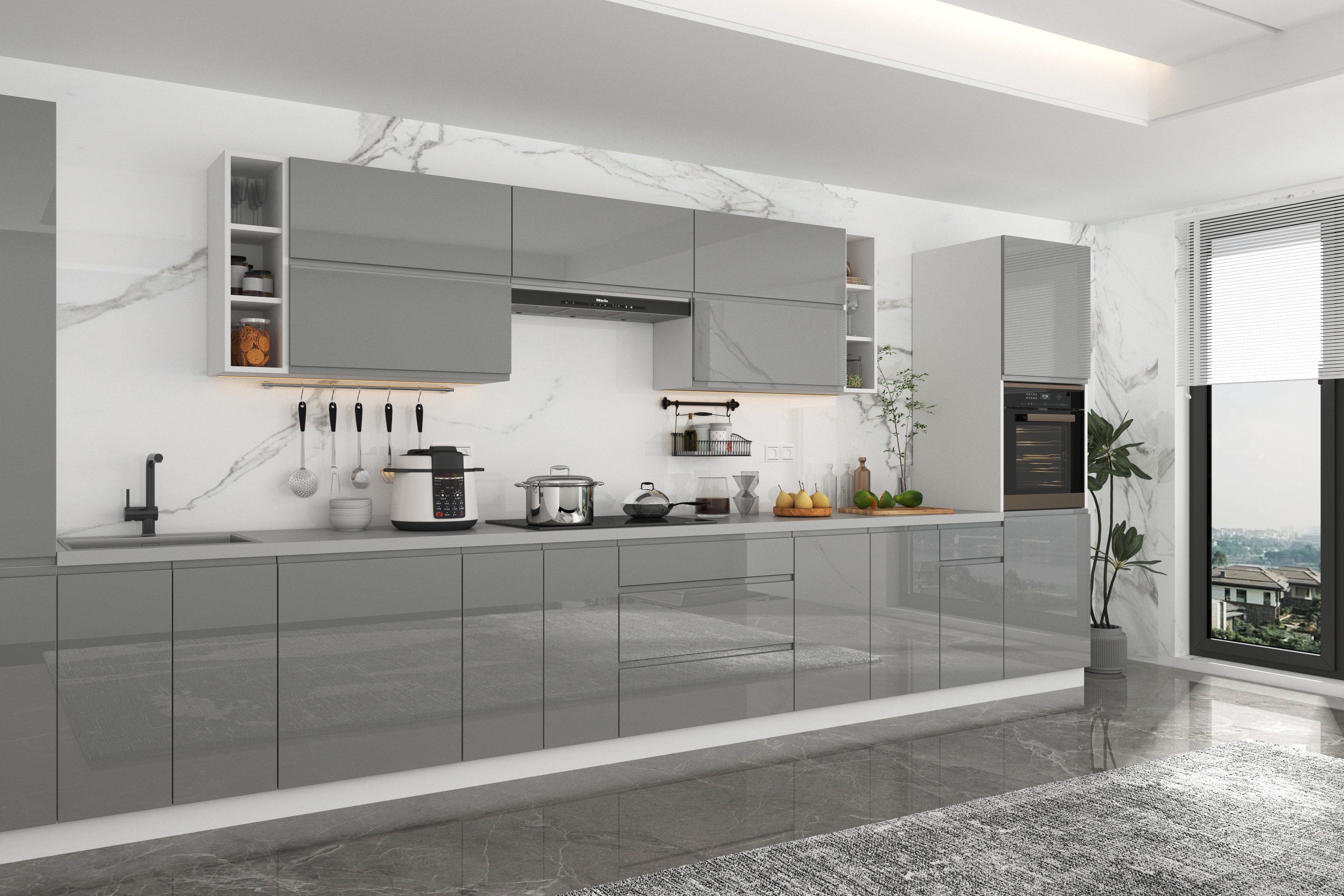 ROYAL24_MARKT Küchenzeile - KA2-M500 - Aspen Grau / Weiß Hochglanz, (Komplett Set), Hochwertig - Modern - Exklusiv