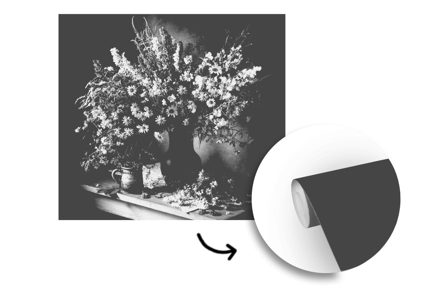 für (5 - Vinyl Matt, Stilleben bedruckt, Wohnzimmer, St), Tapete Blumen, Wandtapete MuchoWow - Montagefertig Vase Fototapete