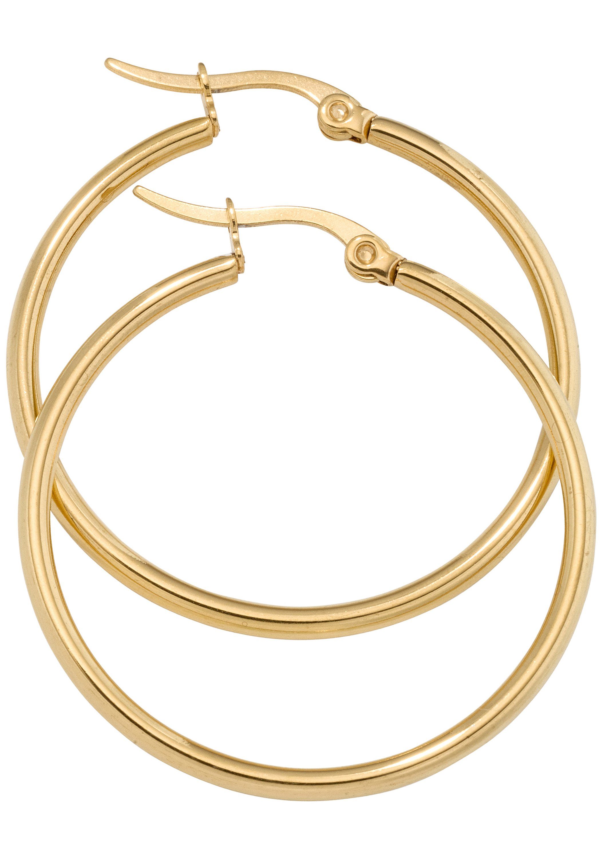 JOBO Paar Creolen Ohrringe rund, Edelstahl vergoldet, Durchmesser ca. 33,7  mm, Breite ca. 1,9 mm
