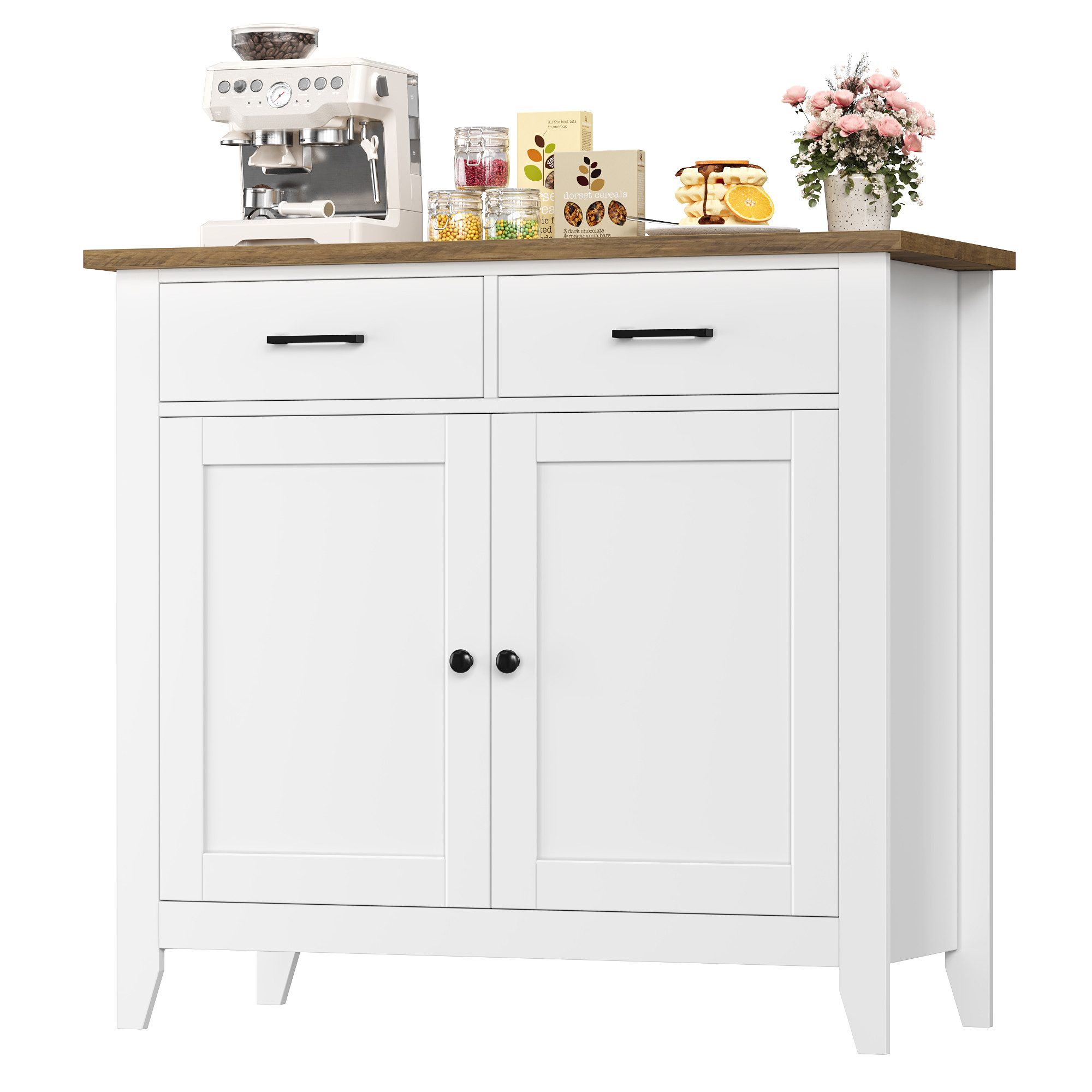HOMECHO Buffet Sideboard Weiß Küchenschrank mit 2 Schubladen 2 Türen