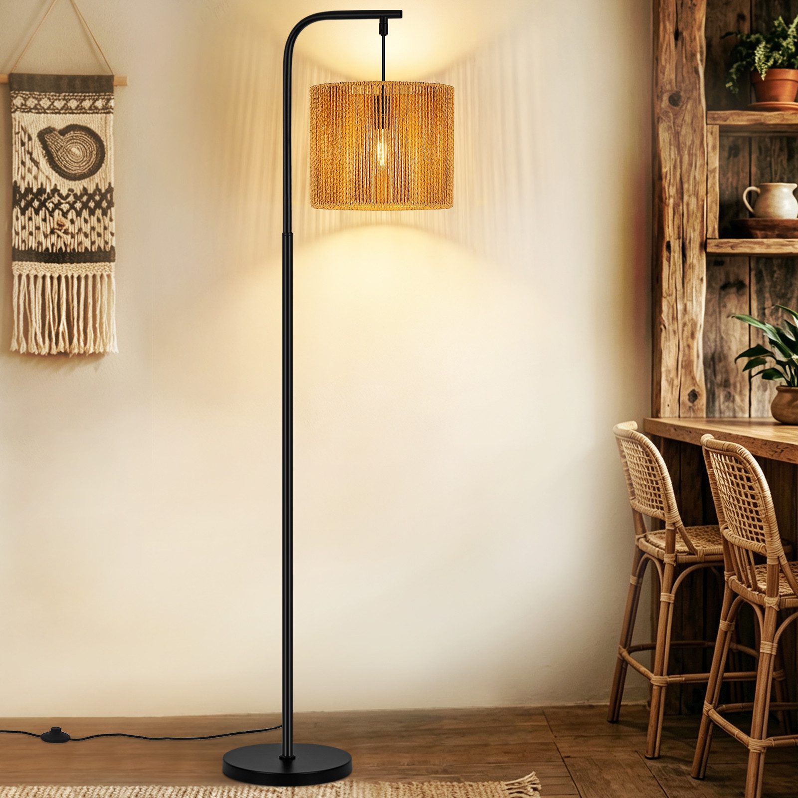ZMH Stehlampe Wohnzimmer Boho Stehleuchte Schwarz Standleuchte Seil Schirm, Wohnzimmerlampe Stehend E27 1 Flammig Vintage