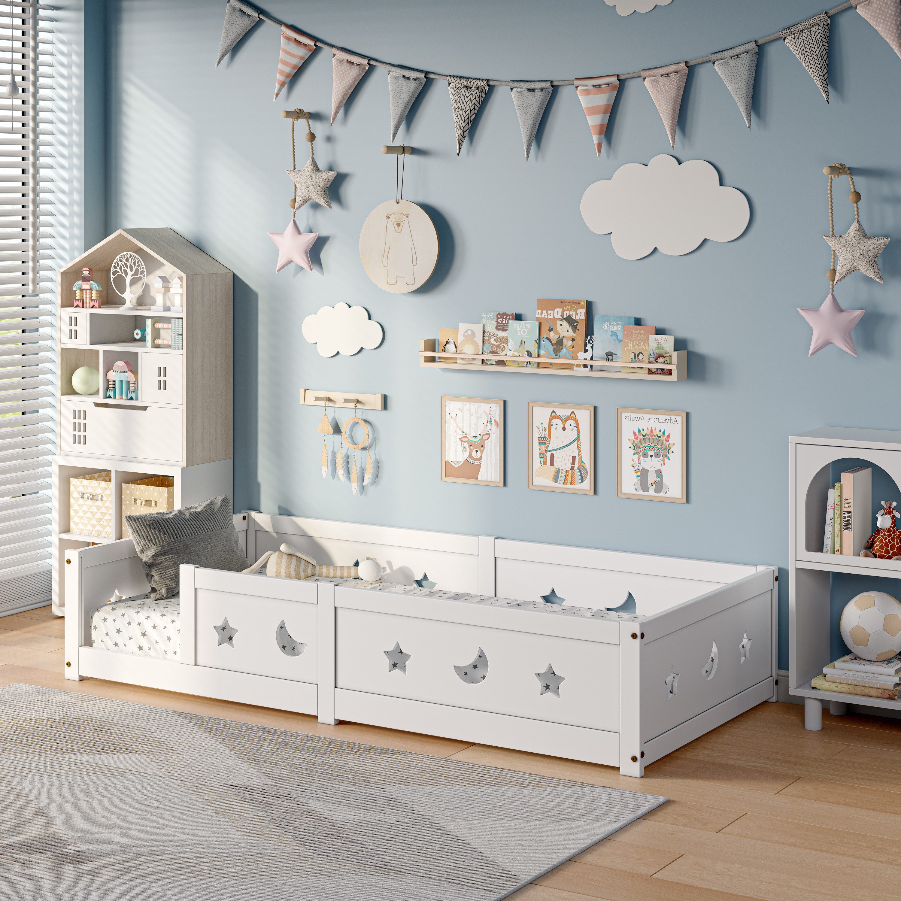 Simurq Einzelbett Kinderbett Montessori Bodenbett Einzelbett, mit Lattenrost, Stern- und Mondmuster, weiß, 120x200 cm