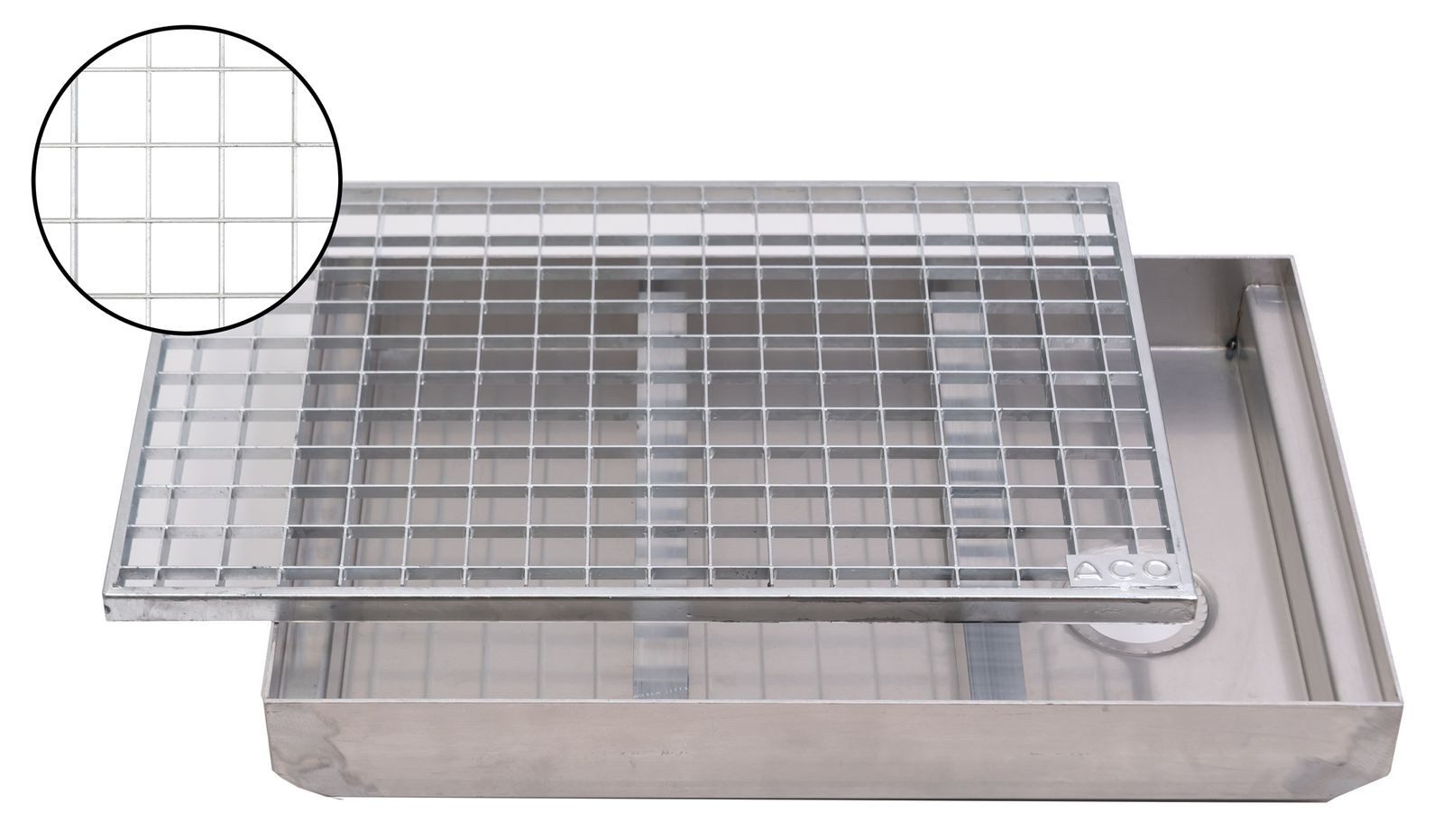 ACO Severin Ahlmann GmbH & Co. KG Fußmatte Schuhabstreifer Gitterrost MW 30/30 + Aluminium Bodenwanne, rechteckig, Höhe: 75 mm, 600x400mm, für den Außenbereich, Ablauf DN50