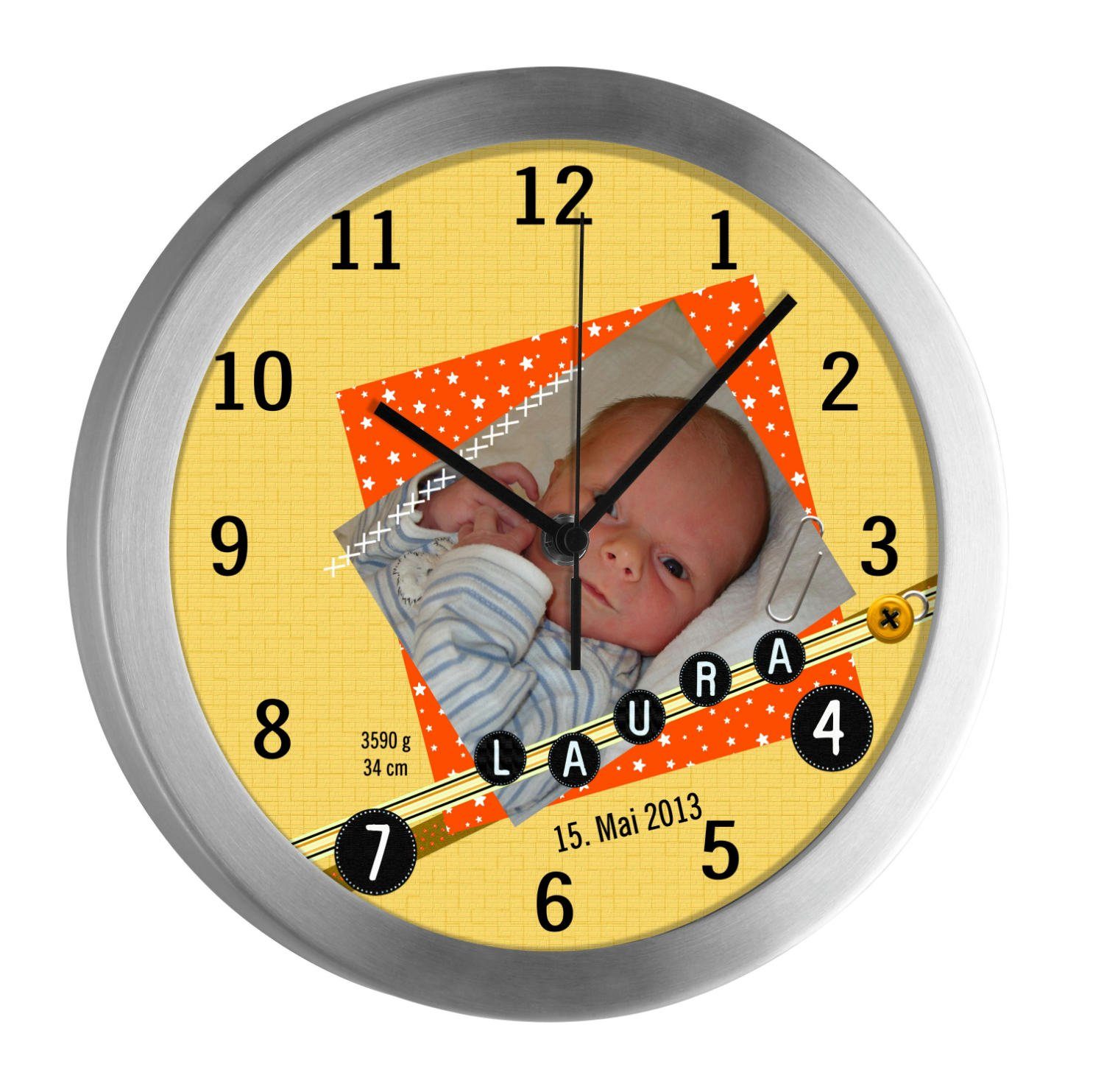 CreaDesign Funkwanduhr Kinderzimmer Kinder Wanduhr Scrapbooking orange personalisiert