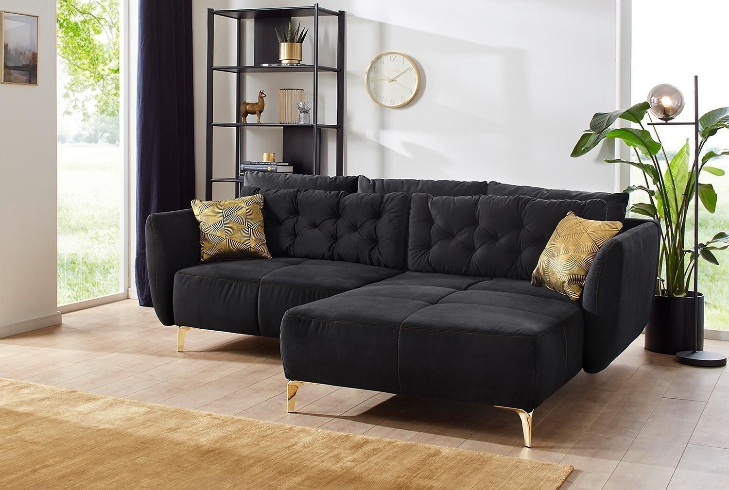 Jockenhöfer Gruppe Ecksofa SALOME, Schwarz, Samt, mit Kissen, B 251 x T 186 cm