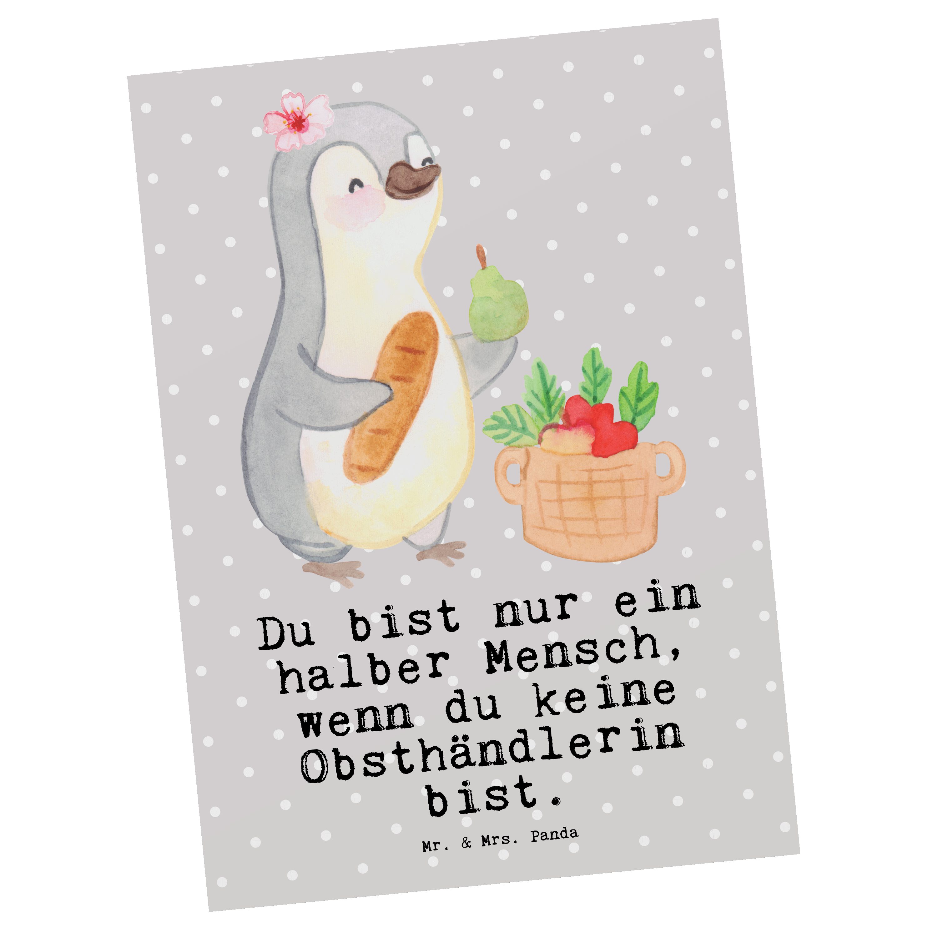 Obsthändlerin Grau & mit - - Obstplantage, Herz Mr. Ansic Panda Mrs. Pastell Postkarte Geschenk,