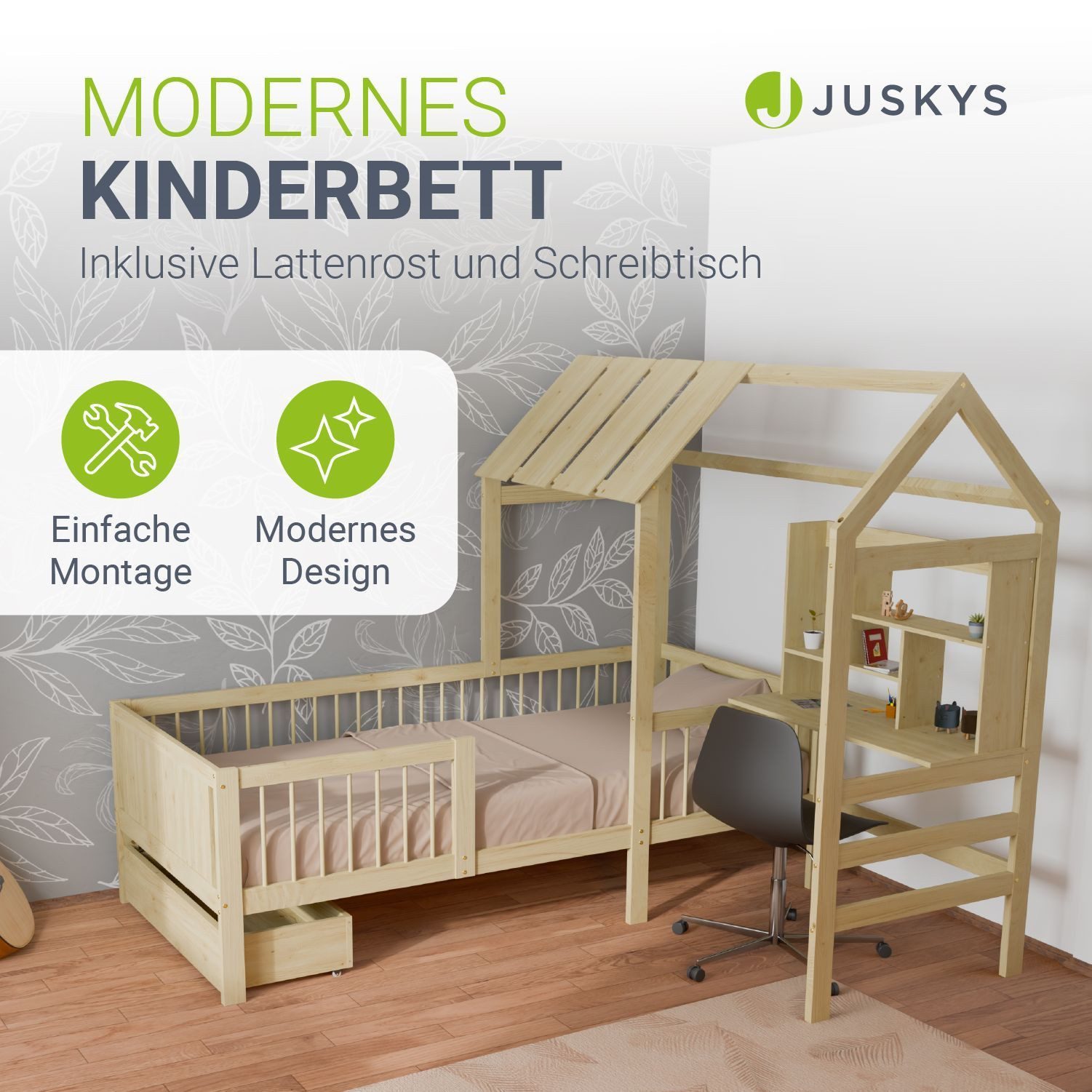 Juskys Kinderbett Yari, inkl. 90x200 Matratze, Hausoptik, Schreibtisch, 3 - 10 Jahre