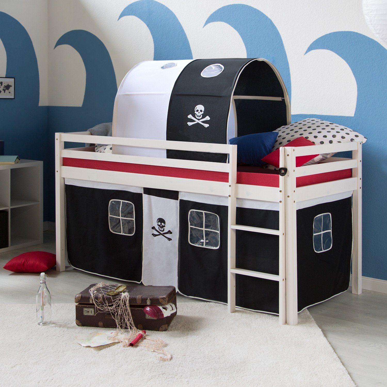Homestyle4u Hochbett 90x200 Weiß Vorhang Pirat 1558 günstig online kaufen