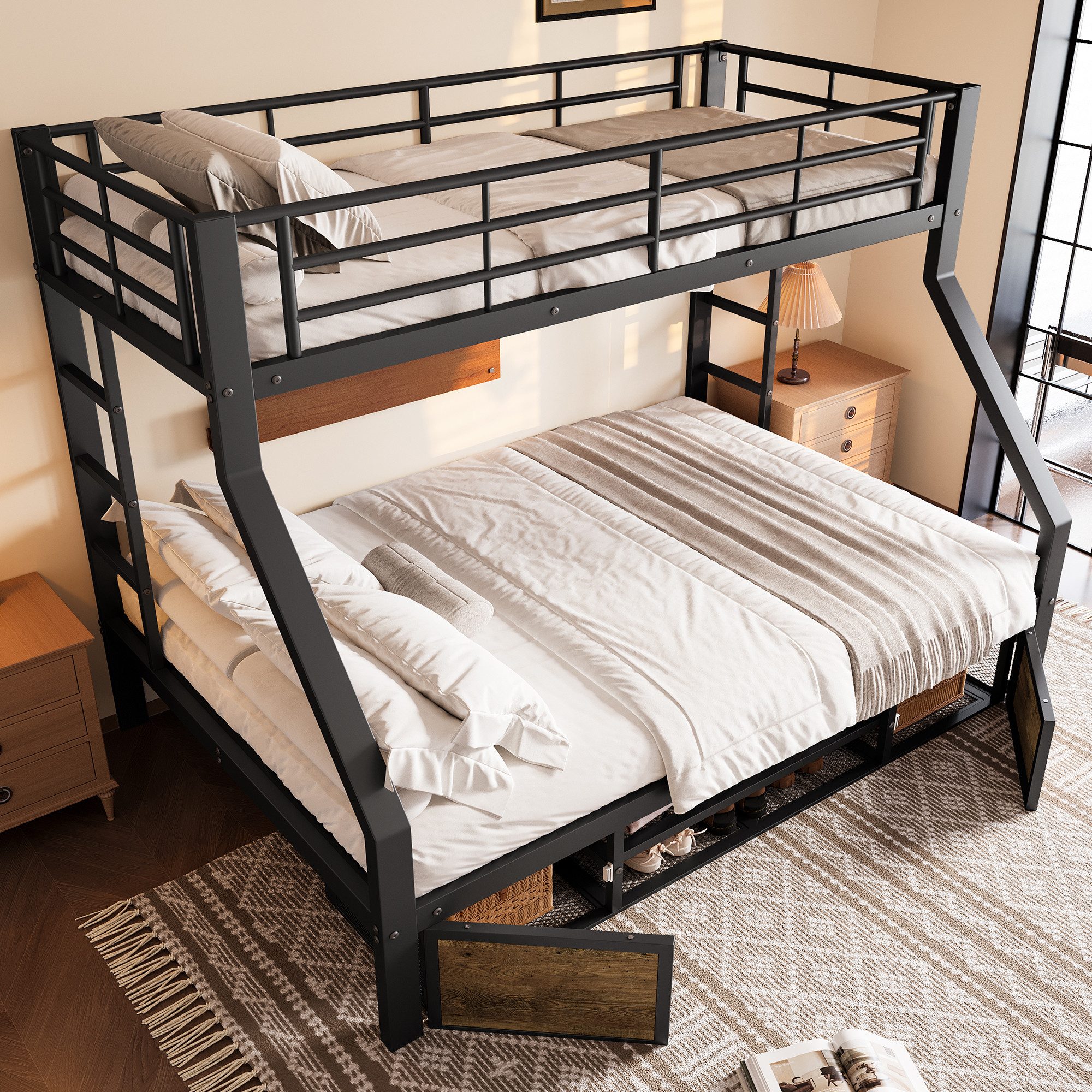 Merax Etagenbett 90x200cm & 140x200cm mit Eisenrahmen (Jugendbett Doppelbett Stockbett, 1-St), Metallbett Kinderbett mit Schuhschrank, Staufächern, Geländer & Leiter