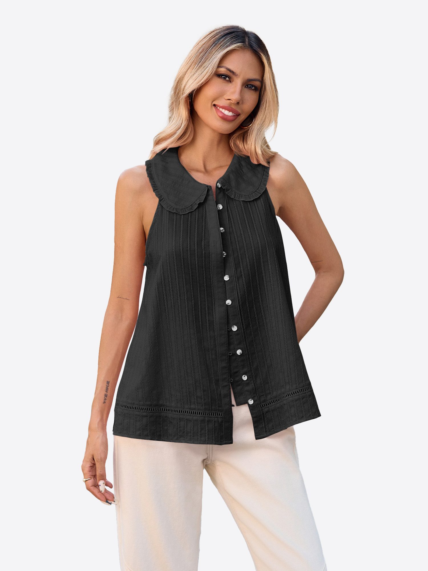 Imily Bela Blusentop Damen ärmellose Bluse mit Knopfleiste (Packung, 1-tlg., 1per-Pack) Puppenkragen