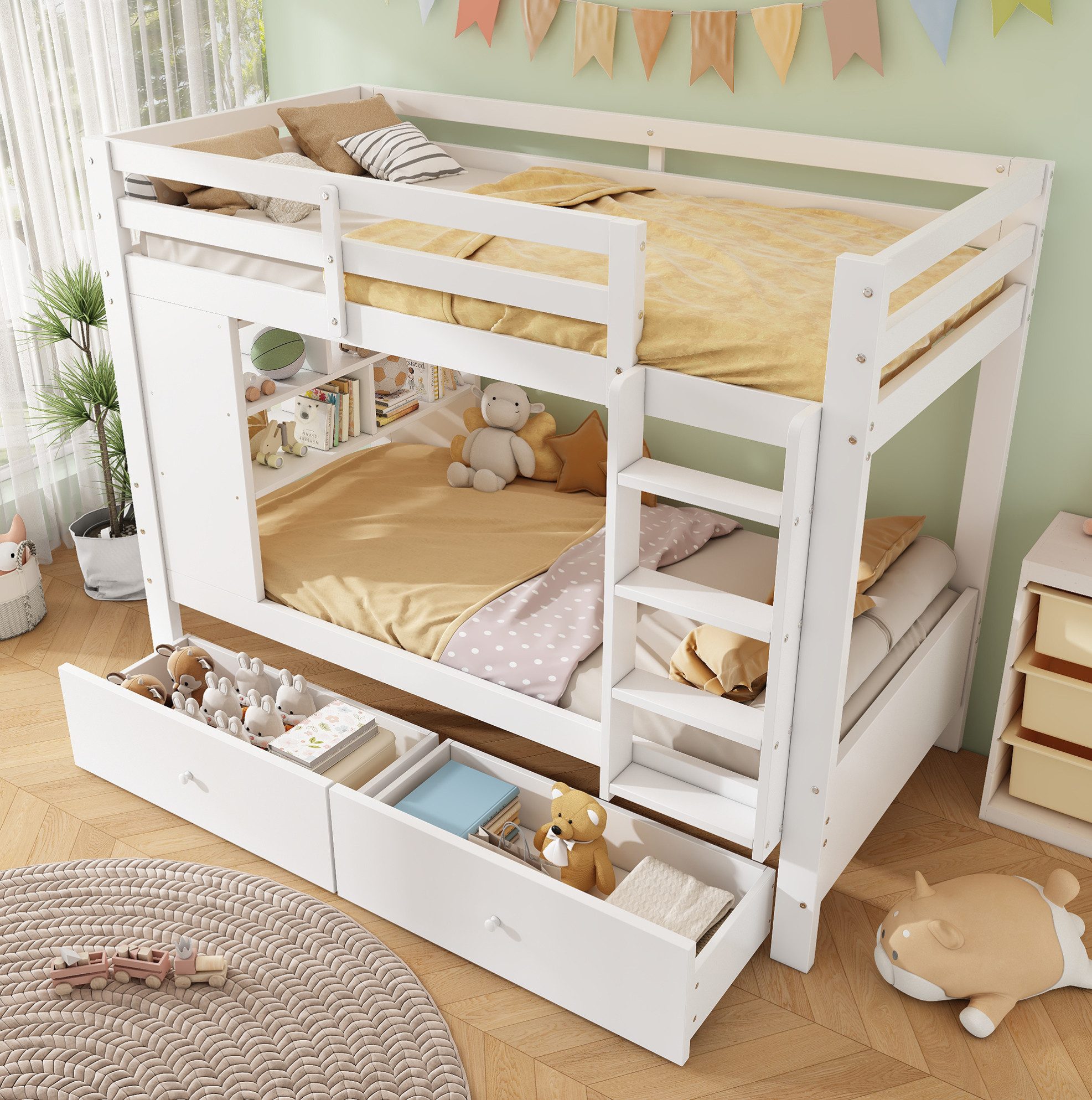 MODFU Etagenbett mit Leiter und Aufbewahrung – Kinderbett 90x200 cm (Gästebett Doppelbett mit Schubladen und Ablagefläche, Holzbett Jugendbett), ohne Matratze