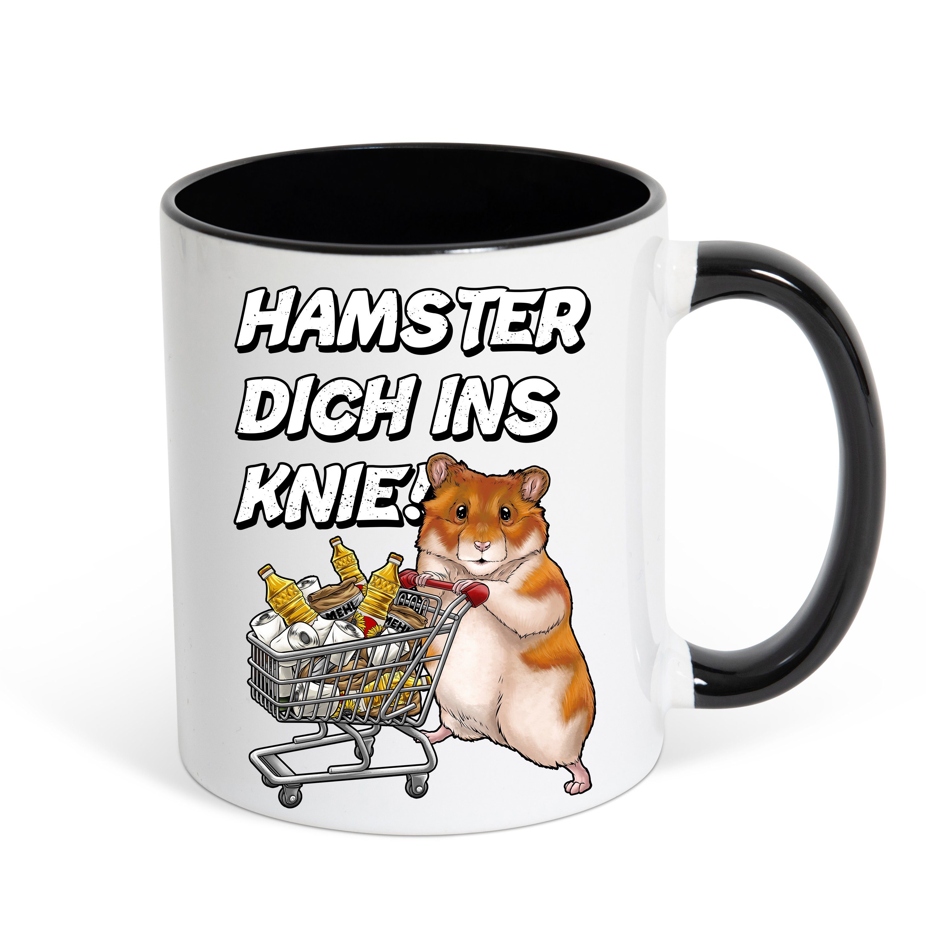 Youth Designz Tasse Hamster Dich Ins Knie Kaffeetasse Geschenk mit lustigem Fun Print Spruch, Keramik, mit lustigem Hamster Print Schwarz-Weiß