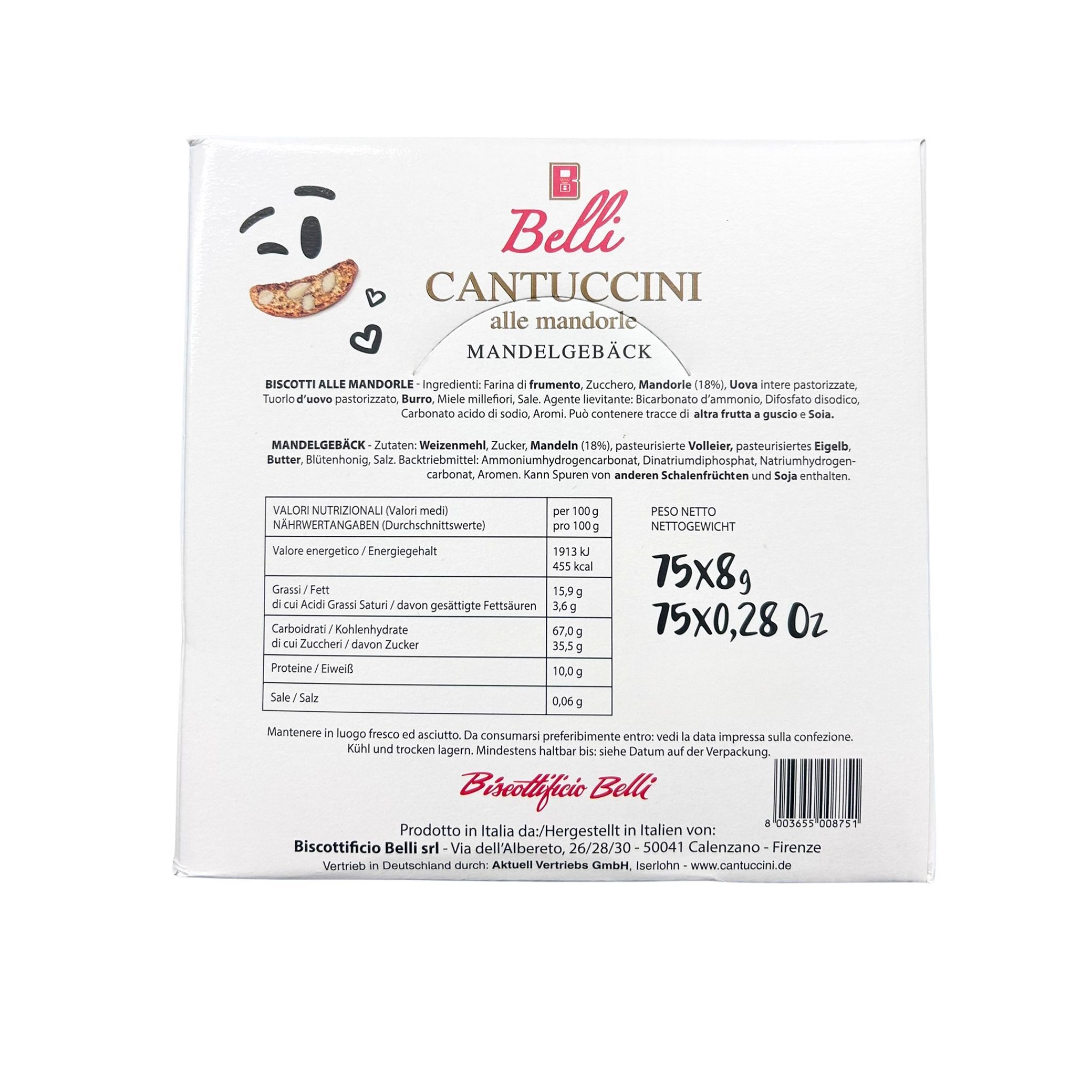 Belli Cantuccini Kekse Belli Cantuccini Mandelgebäck 75x 8g pro Box einzeln verpackte Kekse, 1 x (75x einzeln verpackte Gebäckstücke, traditionelles italienisch – Bild 3 von 5