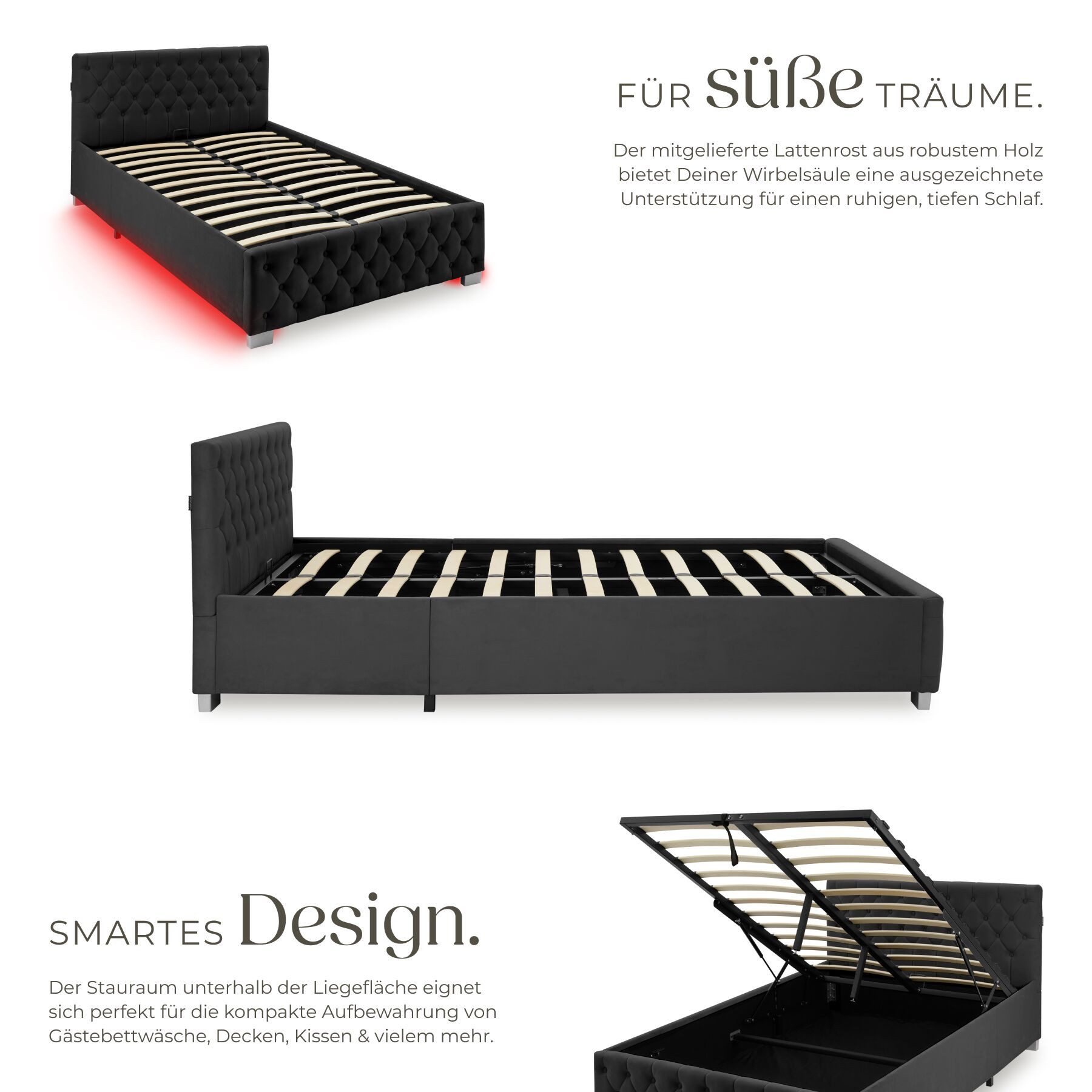 tectake Polsterbett Komfortbett mit LED-Leisten & Stauraum - Samtoptik mit Steppmuster (Bettset, in Samtoptik Schwarz), stabiler Stahlrahmen, Belastbarkeit 200  – Bild 5 von 5