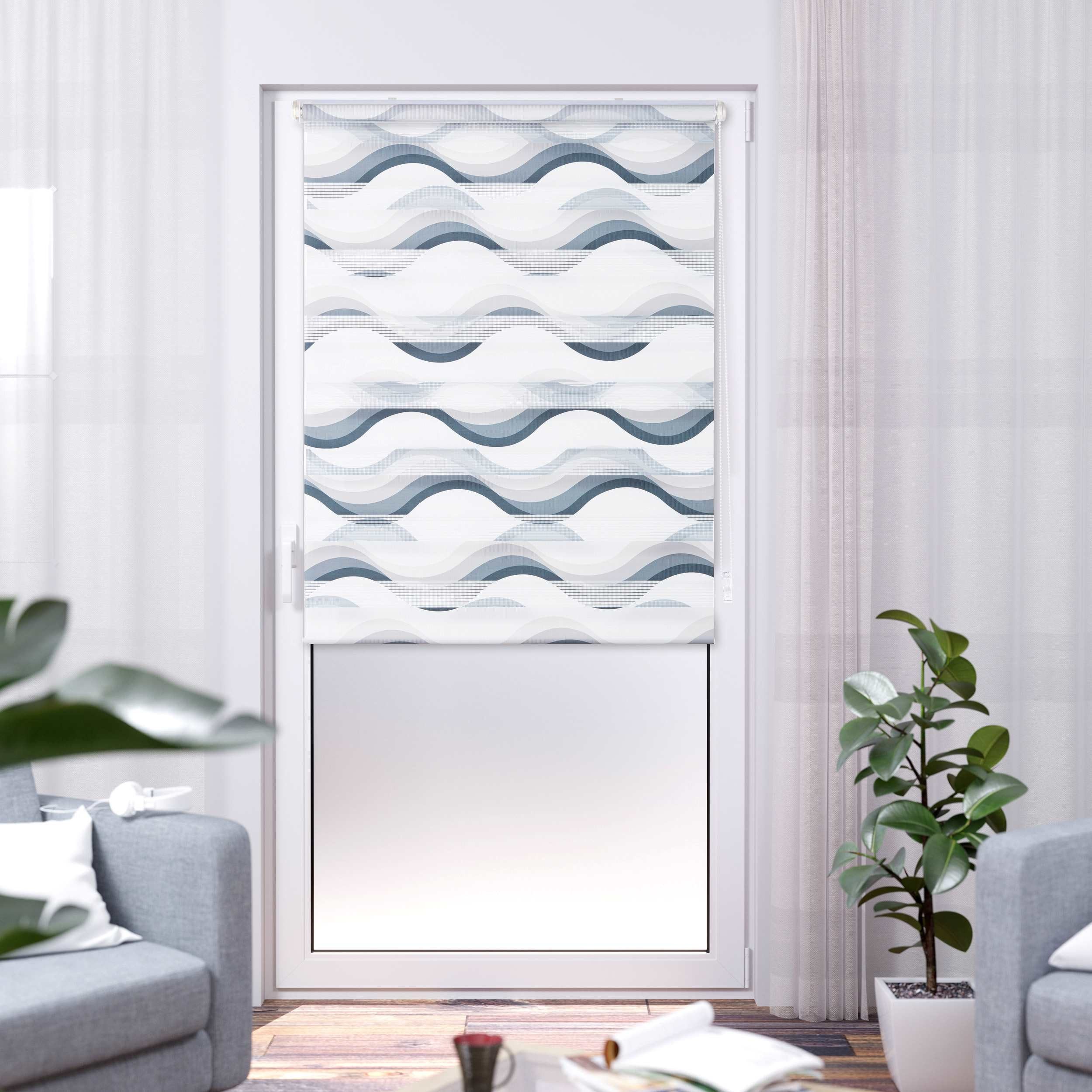Doppelrollo Wellen Design, K-HOME, Lichtschutz, ohne Bohren, freihängend, Klemmfix, Bedruckt mit Muster
