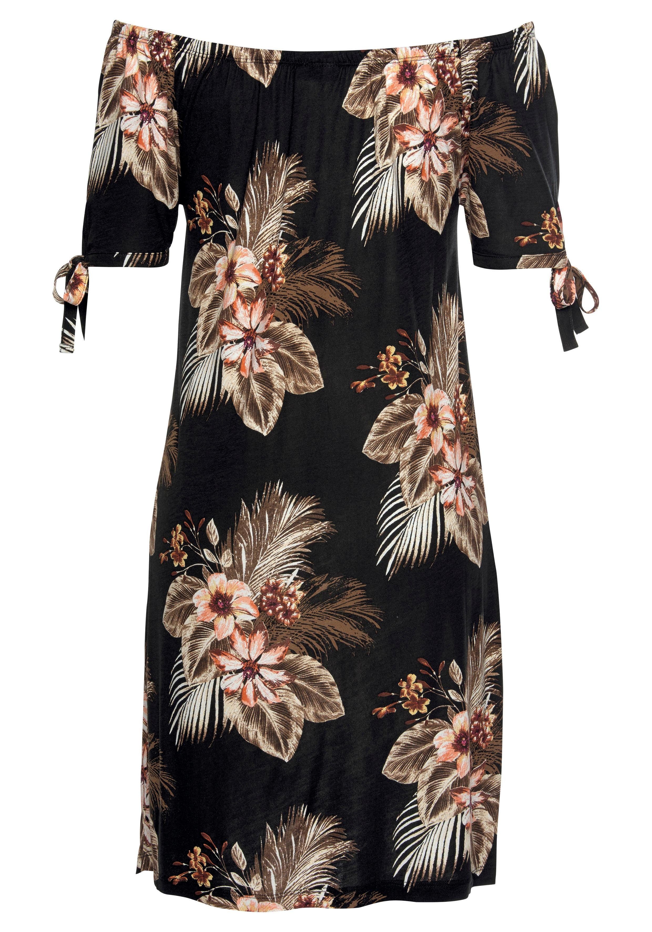 Beachtime by Lascana Jerseykleid mit Bändern an den Ärmeln, Carmen-Ausschnitt, Hawaii-Print Lockeres Sommerkleid, Strandkleid, Druckkleid, lockere Passform