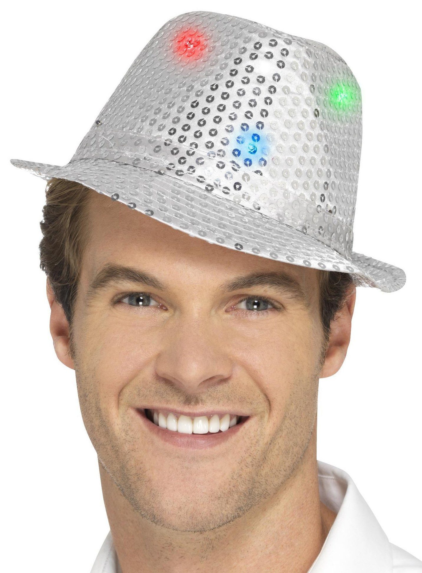 Smiffys Kostüm LED Paillettenhut silber, Da geht Dir ein Licht auf: Glitzerhut mit Lichteffekten