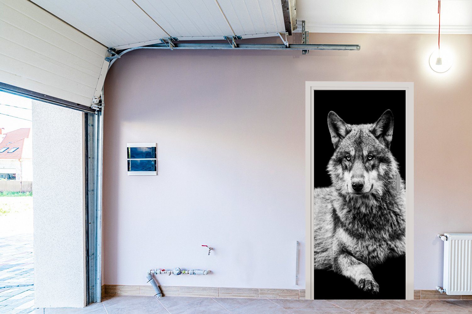 MuchoWow Türtapete bedruckt, Weiß, Schwarz Tür, Türaufkleber, - Fototapete Wolf - Wildlife - 75x205 für Matt, cm (1 St),