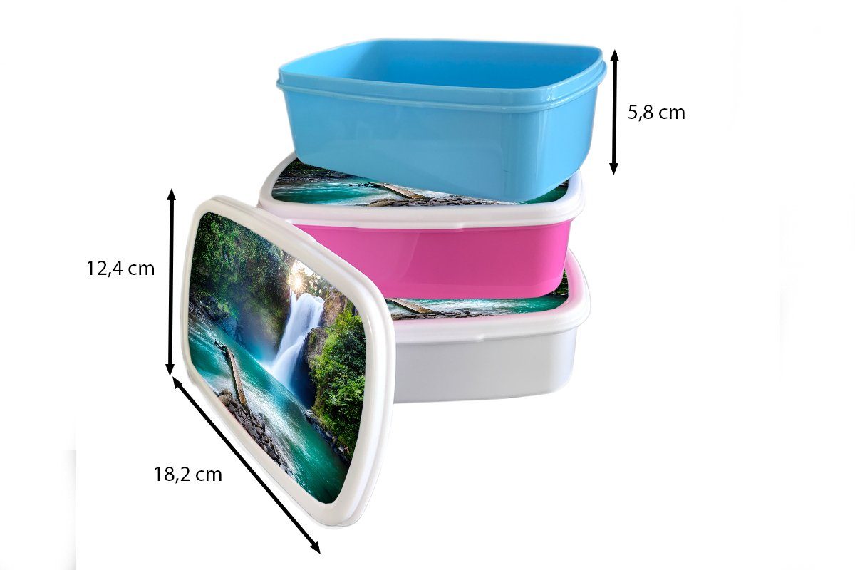 Wasser, Mädchen, Brotbox (2-tlg), - MuchoWow Kunststoff, - Lunchbox Snackbox, - für Kunststoff - Landschaft Kinder, Brotdose Pflanzen Steine Erwachsene, rosa Wasserfall