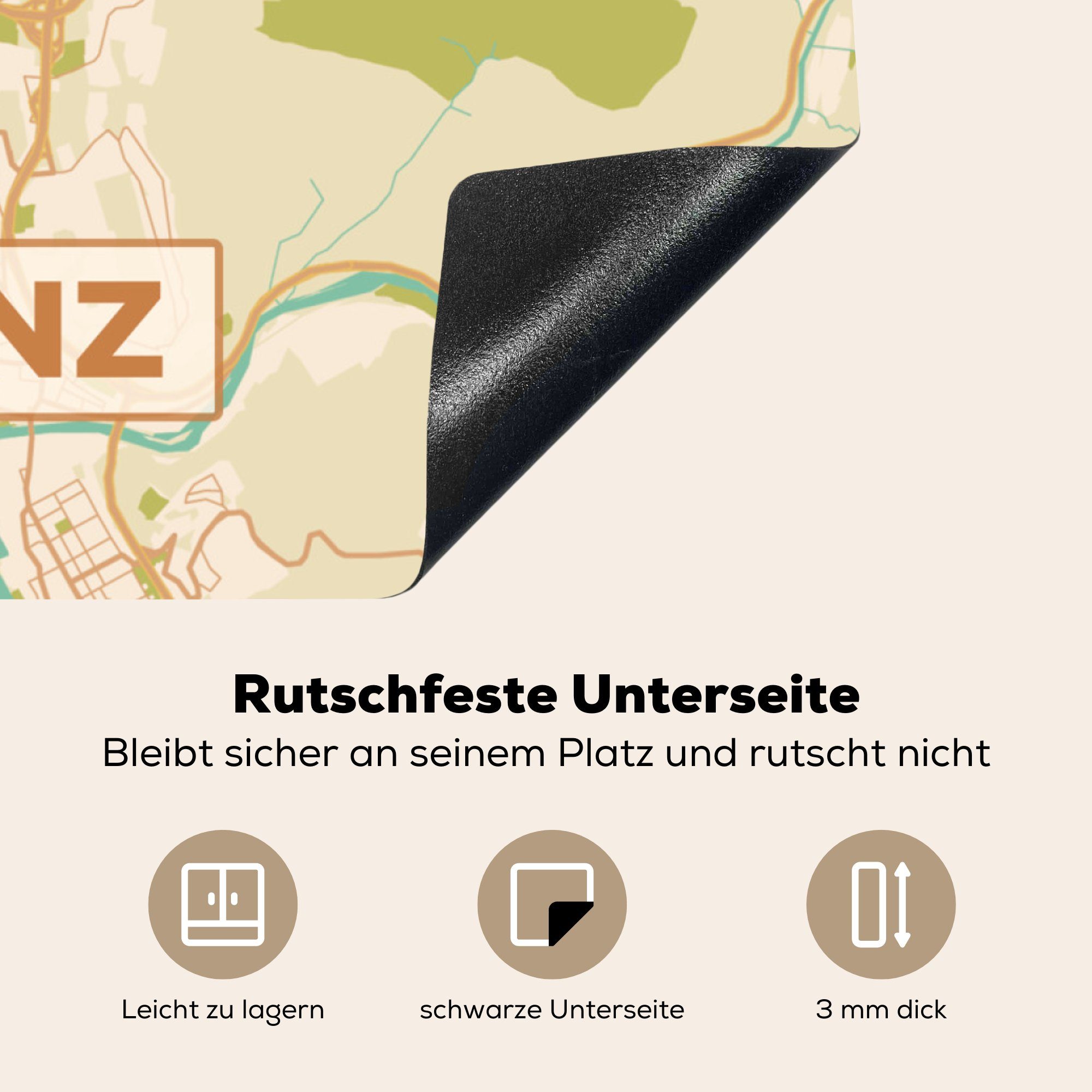 Karte Jahrgang - tlg), für Arbeitsplatte 78x78 Vinyl, cm, (1 Stadtplan, - Herdblende-/Abdeckplatte - Koblenz küche Ceranfeldabdeckung, MuchoWow