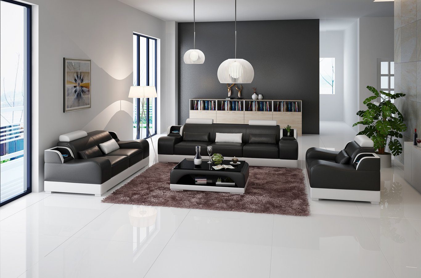 JVmoebel Sofa Designer Sofagarnitur 321 Sitzer Sofa Couch Leder Garnitur, Made in Europe Schwarz/Weiß