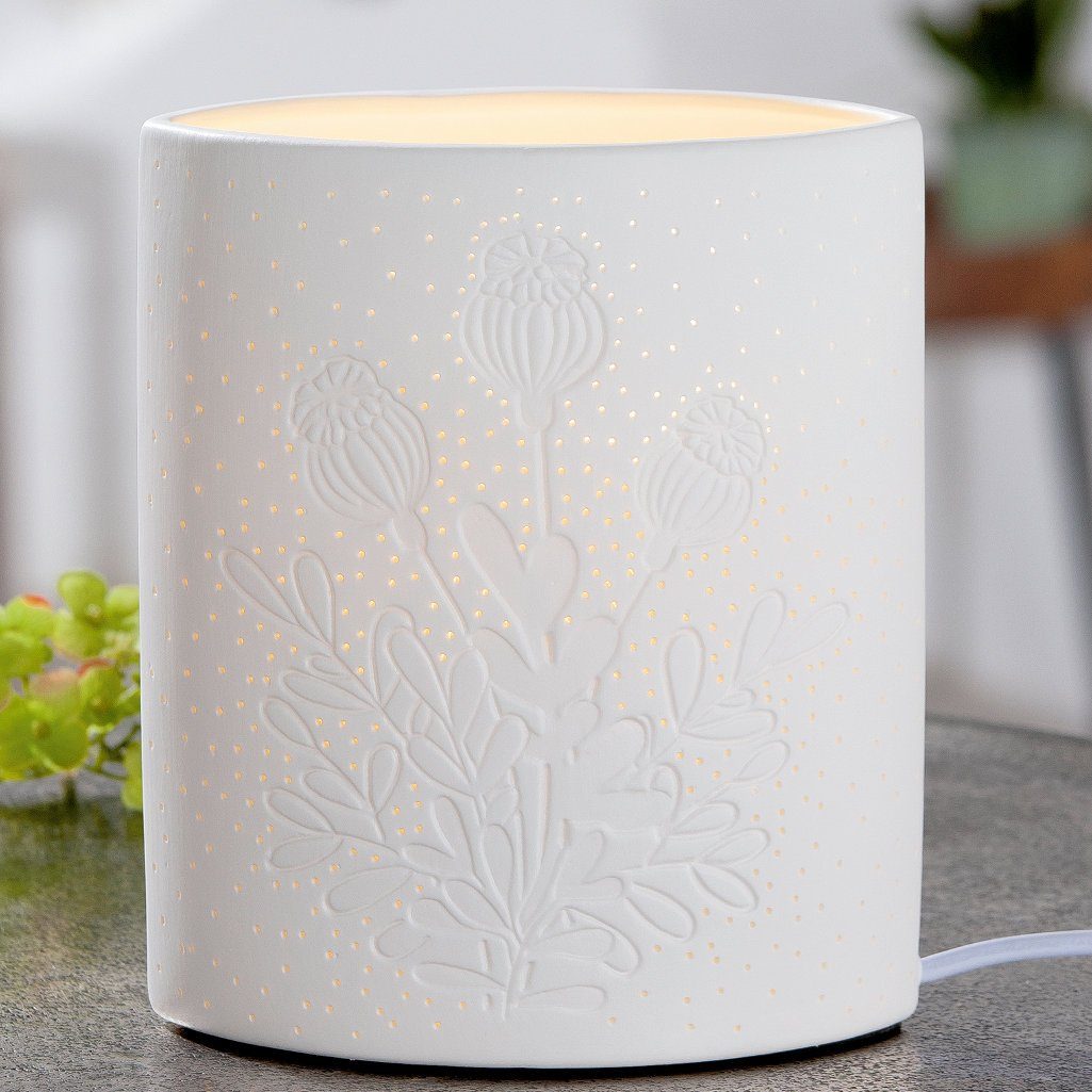 Warmweiß, GILDE Porzellan Leuchte ohne Farbe Höhe Form Mohnblume Tischleuchte Ellipse weiß Tischleuchte Leuchtmittel, 20cm,