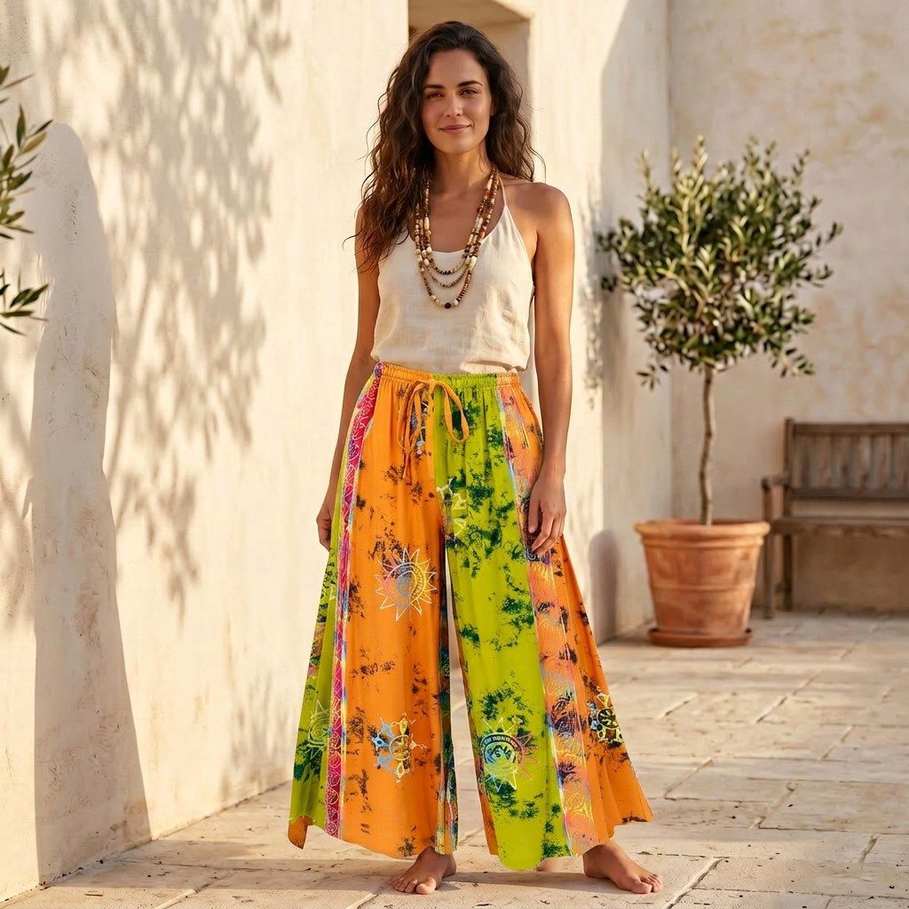 Guru-Shop Relaxhose Bequeme Palazzohose, weite Marlenehose, Boho.. alternative Bekleidung