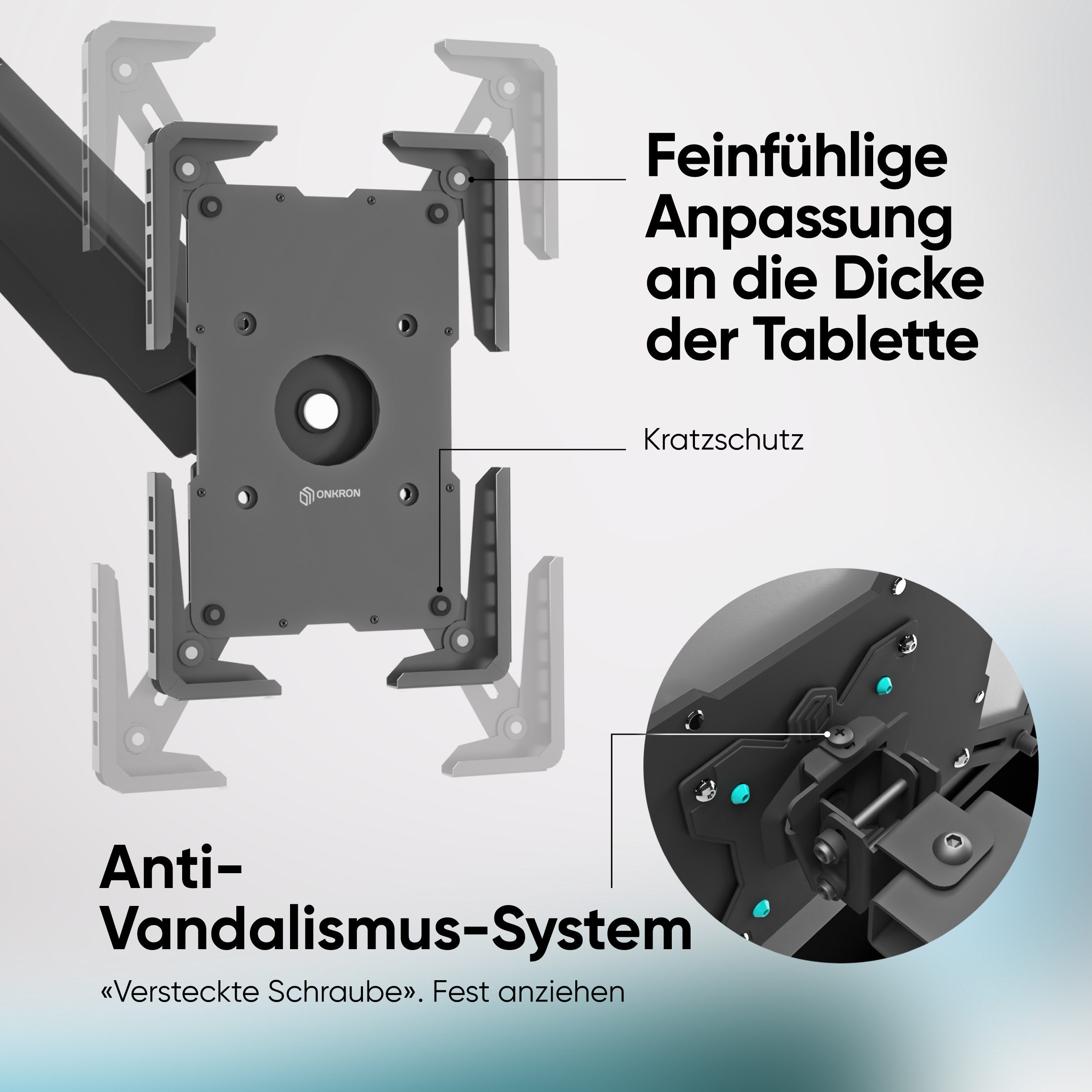 ONKRON Tablet-Halterung ONKRON für 10.1-12.9 Zoll Tablets bis 2 kg, 360° Schwarz APM-13T, (bis 12,90 Zoll, bis zu 2 kg, VESA Adapterplatte mit 360° Drehung, VESA 75x75)