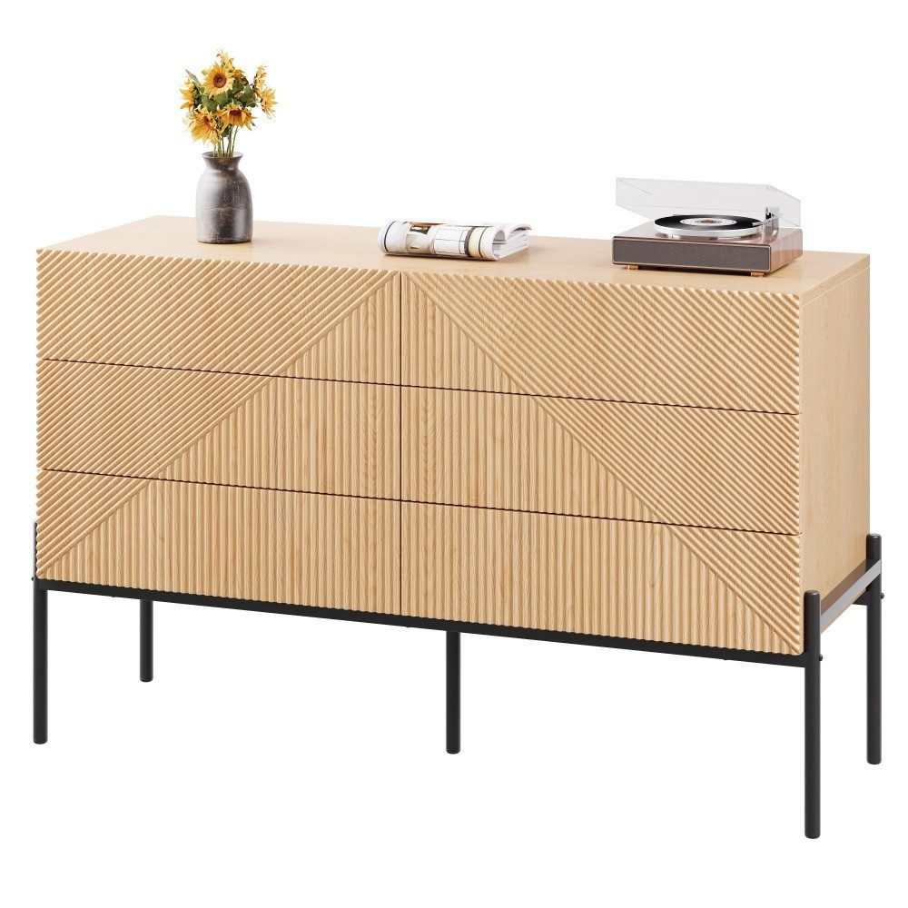 BBG Anrichte Sideboard mit 6 Schubladen, 3D-Front in Holzoptik (Aufbewahrungsschrank für Wohn- und Esszimmer), Kommode mit Metallbeinen, 115,5x38x75 cm