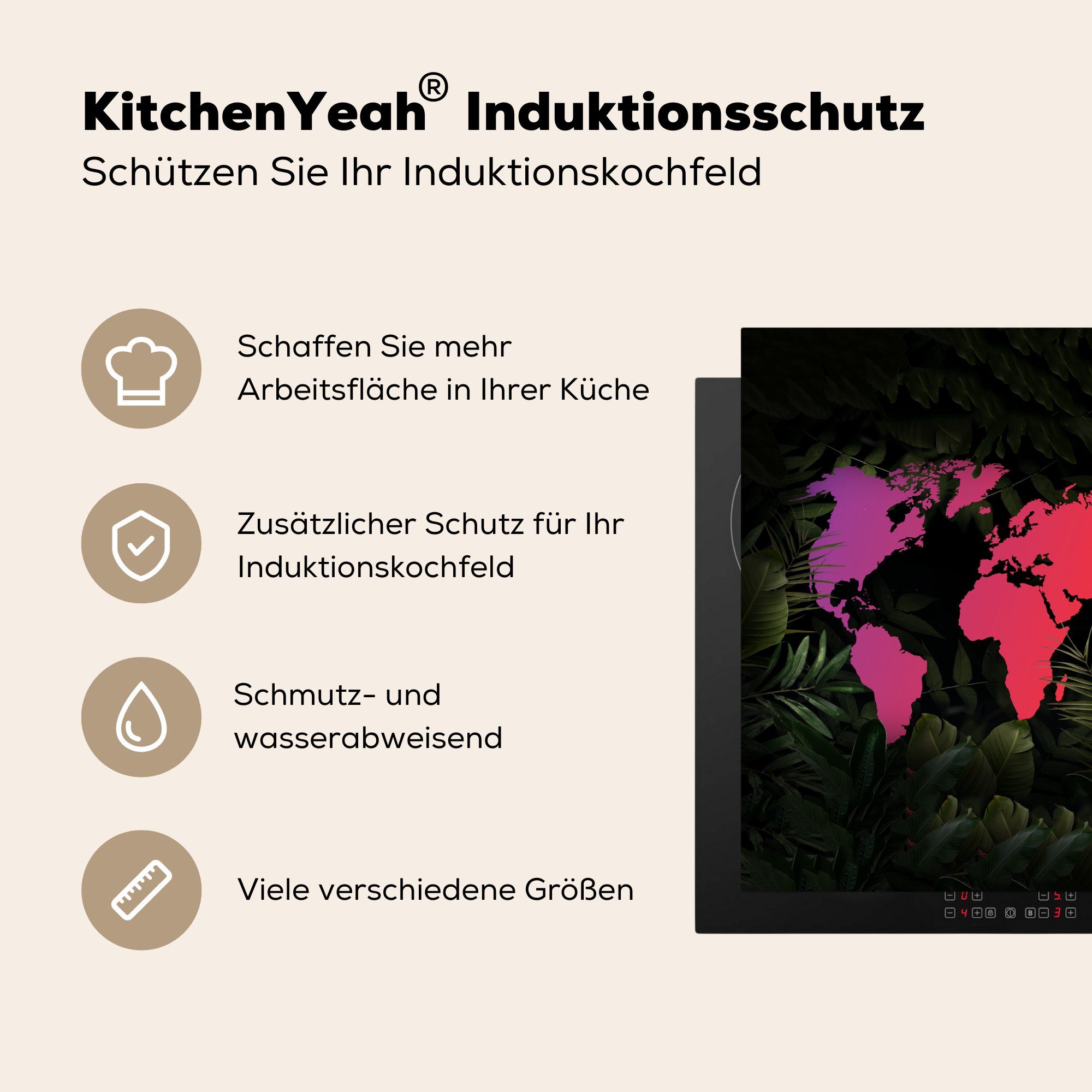 MuchoWow Herdblende-/Abdeckplatte Weltkarte Ceranfeldabdeckung, - Farben (1 78x78 Arbeitsplatte cm, küche für - Vinyl, Blätter, tlg)
