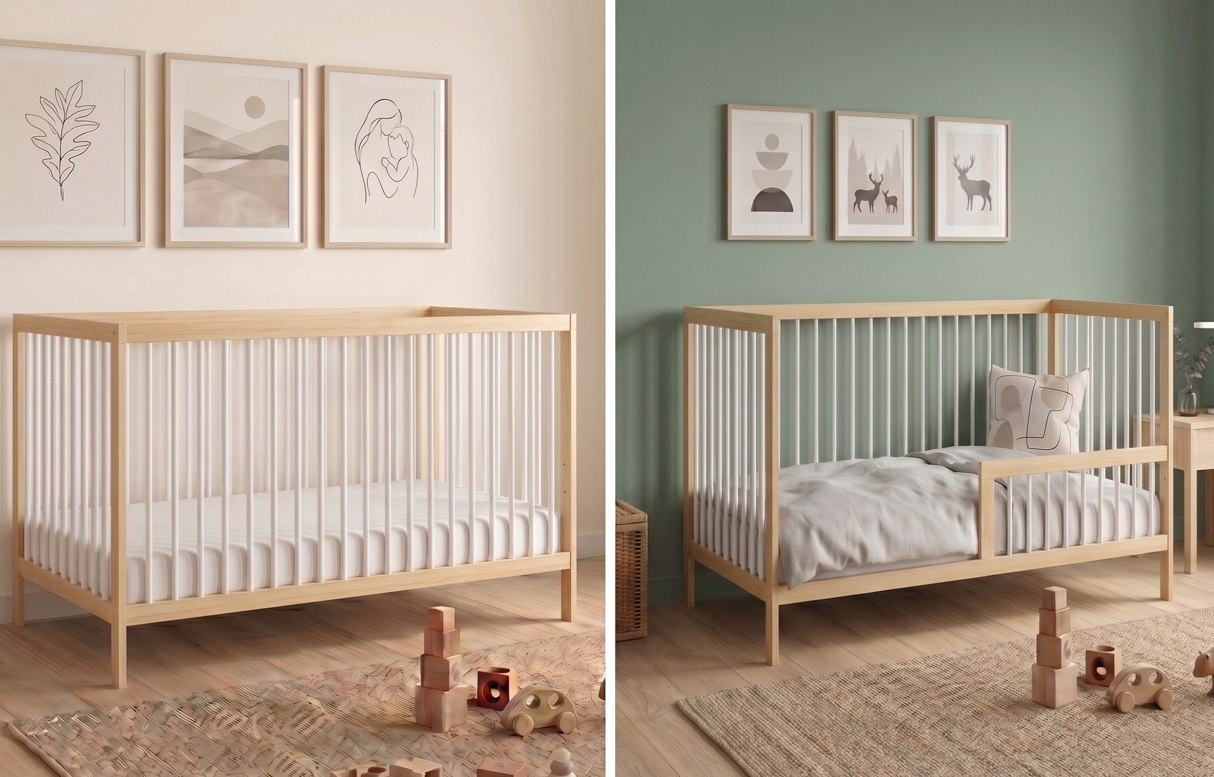 Kids Collective Babybett Kinderbett Gitterbett Baby Bett mit Rausfallschutz 60x120 70x140, stabiles Buchenholz, made in Europe 60x120 cm Natur und Weiß