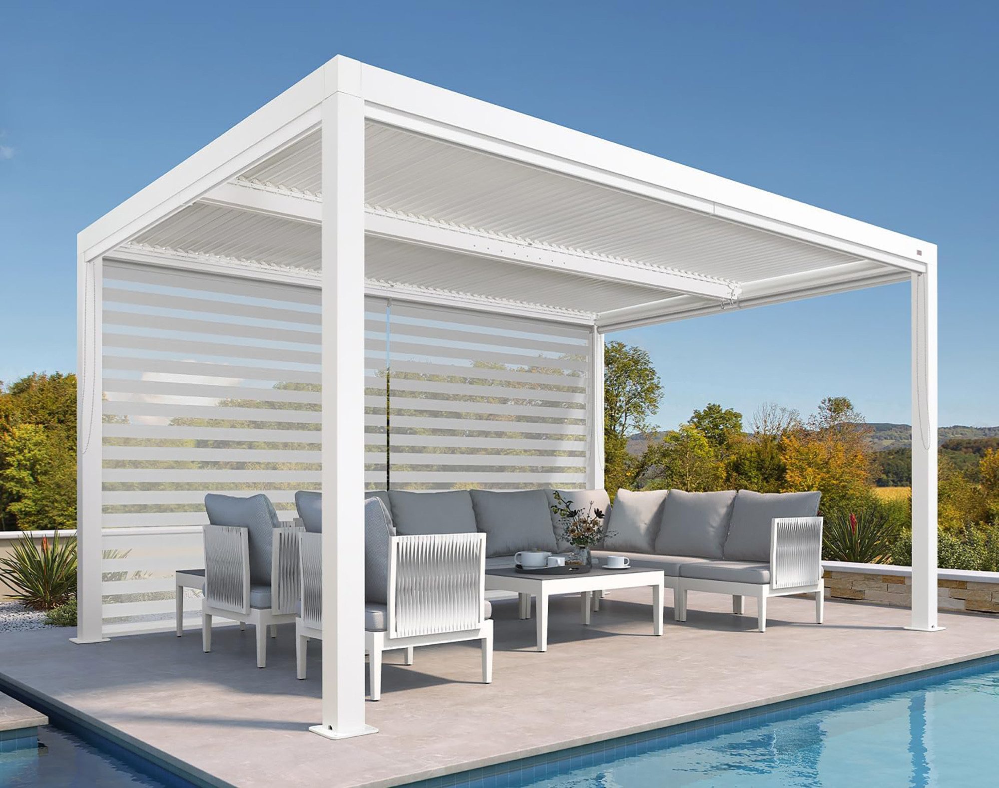 PURPLE LEAF Pergola Lamellenpergola aus Aluminium mit Lamellendach und Sonnenrollo, (Komplettset, 1 Pergola + 1 Seitenrollo für die Längsseite), Lamellendach verstellbar; inkl. Seitenrollo