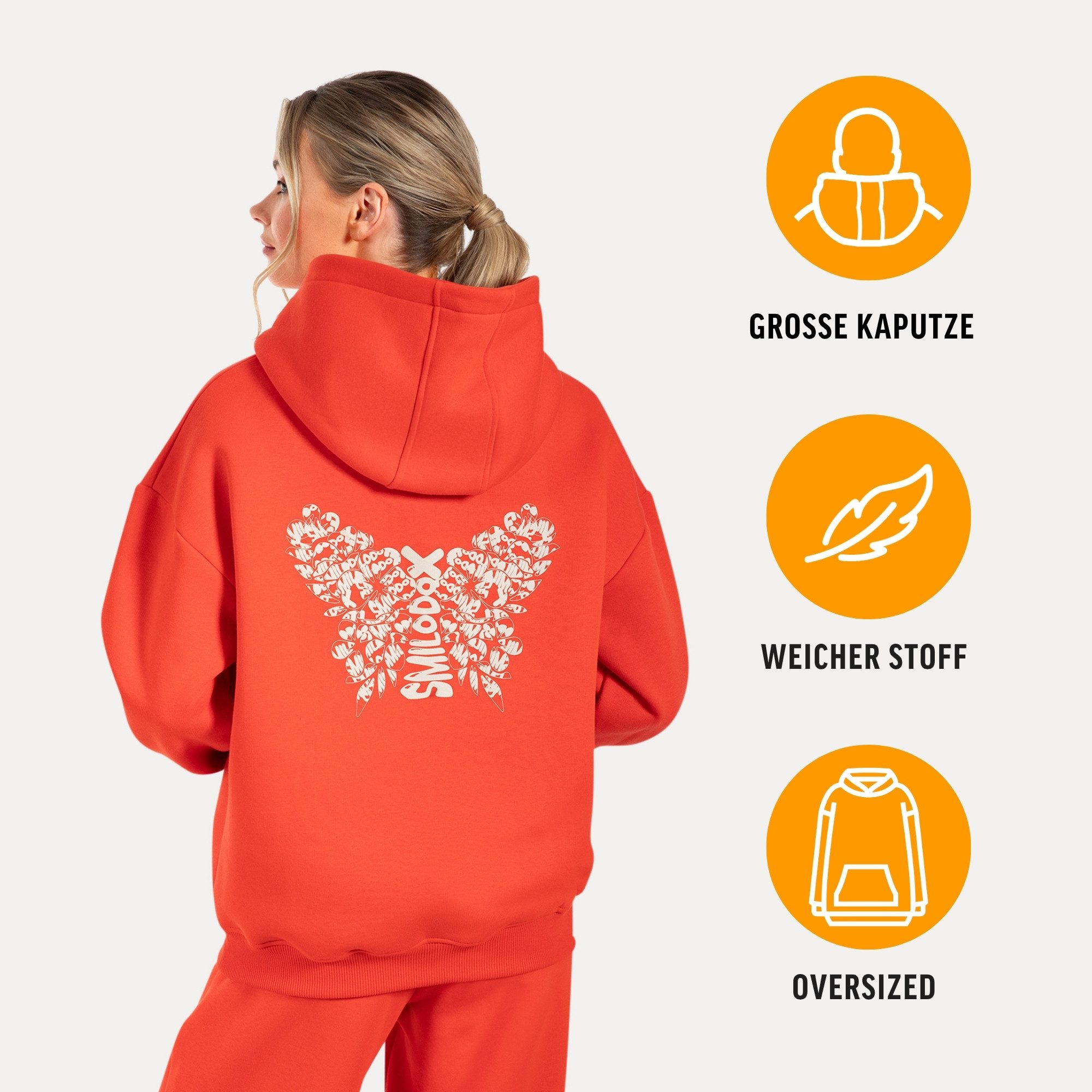 Smilodox Hoodie Nala, Oversize Fit Pullover mit großer Kapuze und Butterfly Print Kapuzenpulli Relaxed Großer Print Kängurutasche Streetwear Fitness
