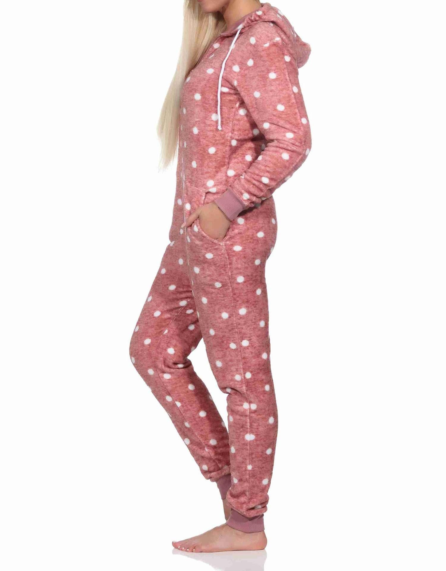 Normann Pyjama Kuschelig warmer Damen Jumpsuit Schlafanzug in Tupfen Punkte Optik