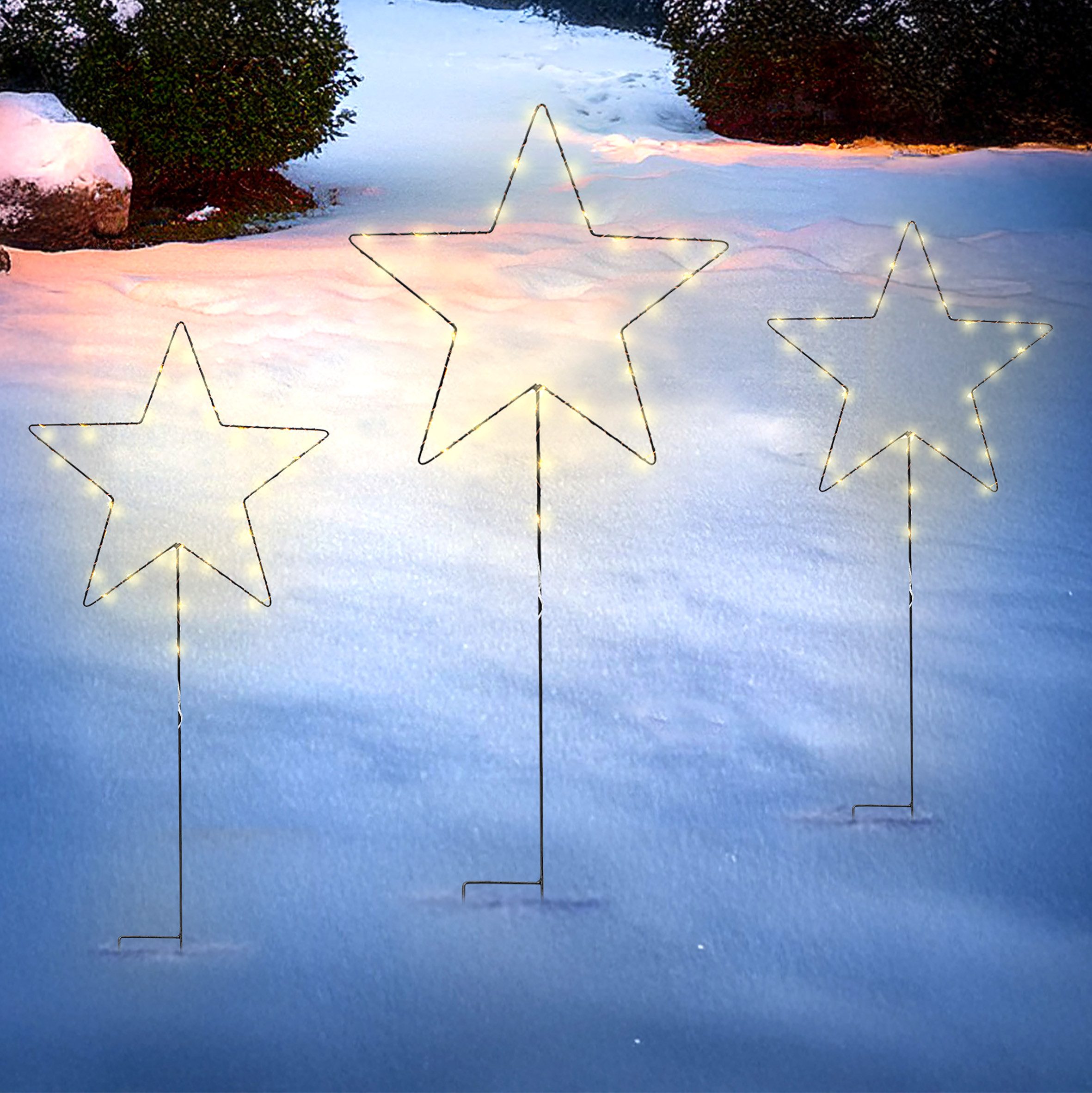 Spetebo Gartenstecker LED Stern 30 / 24 cm Garten Deko (3er Set, 1-St., mit 70 LED in warm weiß) mit IP44 Spritzwasserschutz