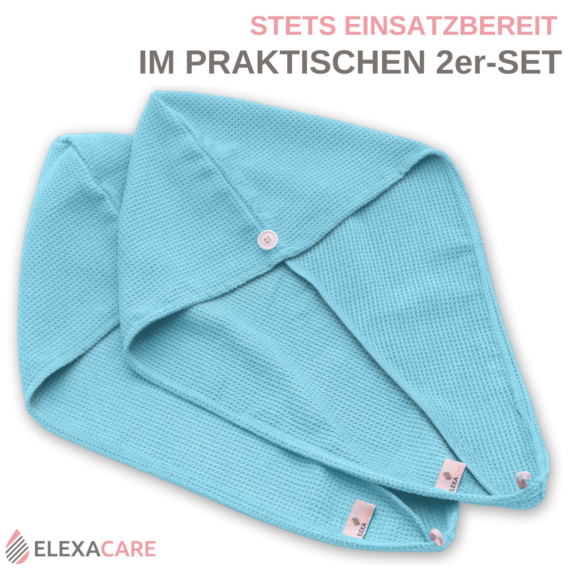 ELEXACARE Turban-Handtuch Haarturban mit Knopf, Mikrofaser (2-St), Turbanhandtuch mit Knopf und Schlaufe – Bild 3 von 5