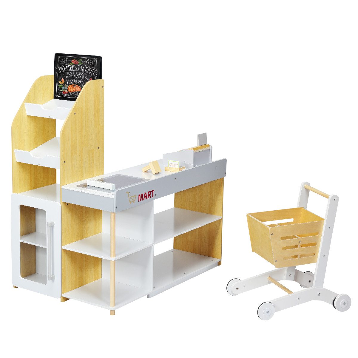 COSTWAY Kaufladen Supermark, Holz, mit Einkaufswagen & Tafel