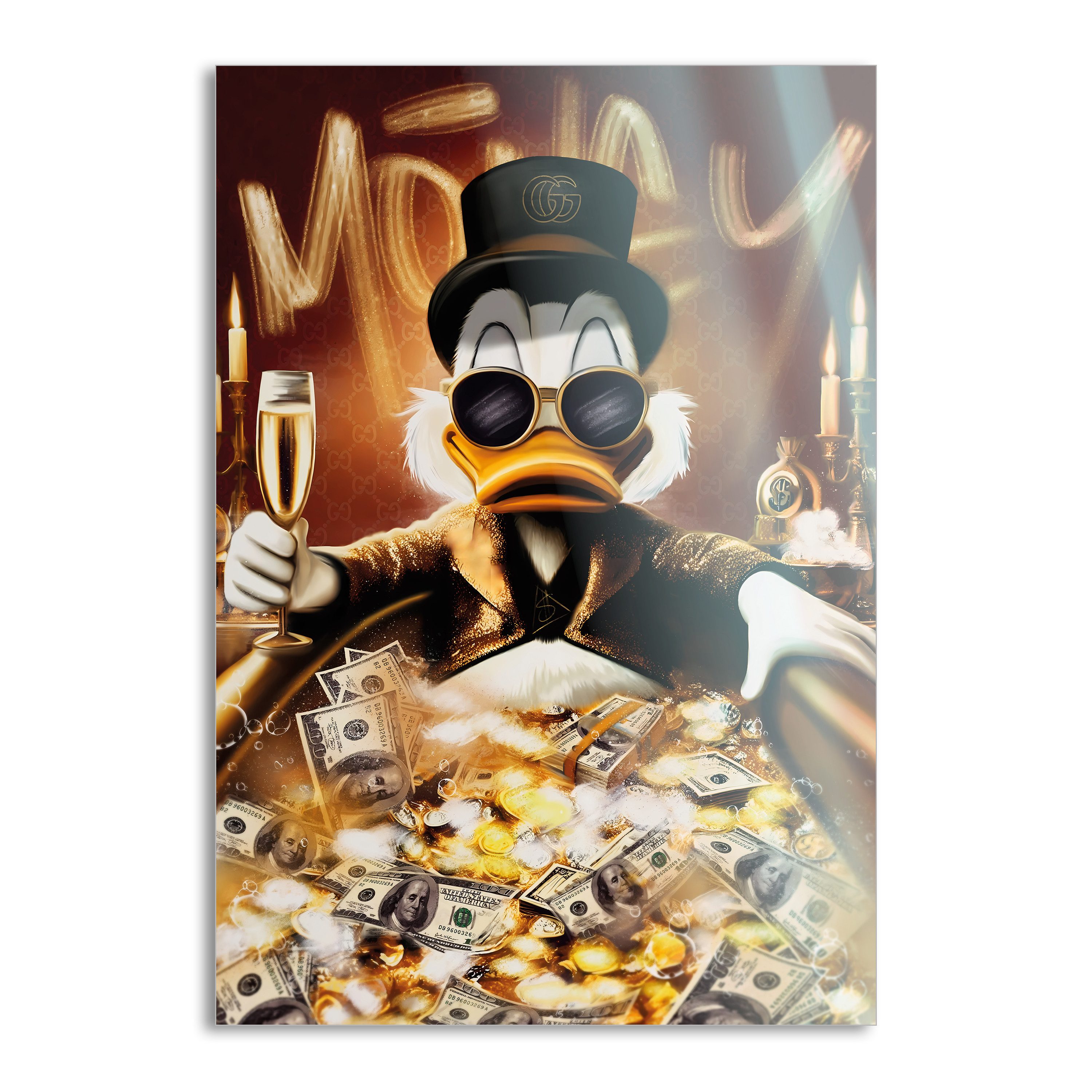 SimpleCanvas Wandbild Bathing Dagobert - Leinwandbild Pop Art / Motivation, Wandbild Dagobert Duck, Geld, Luxuriös