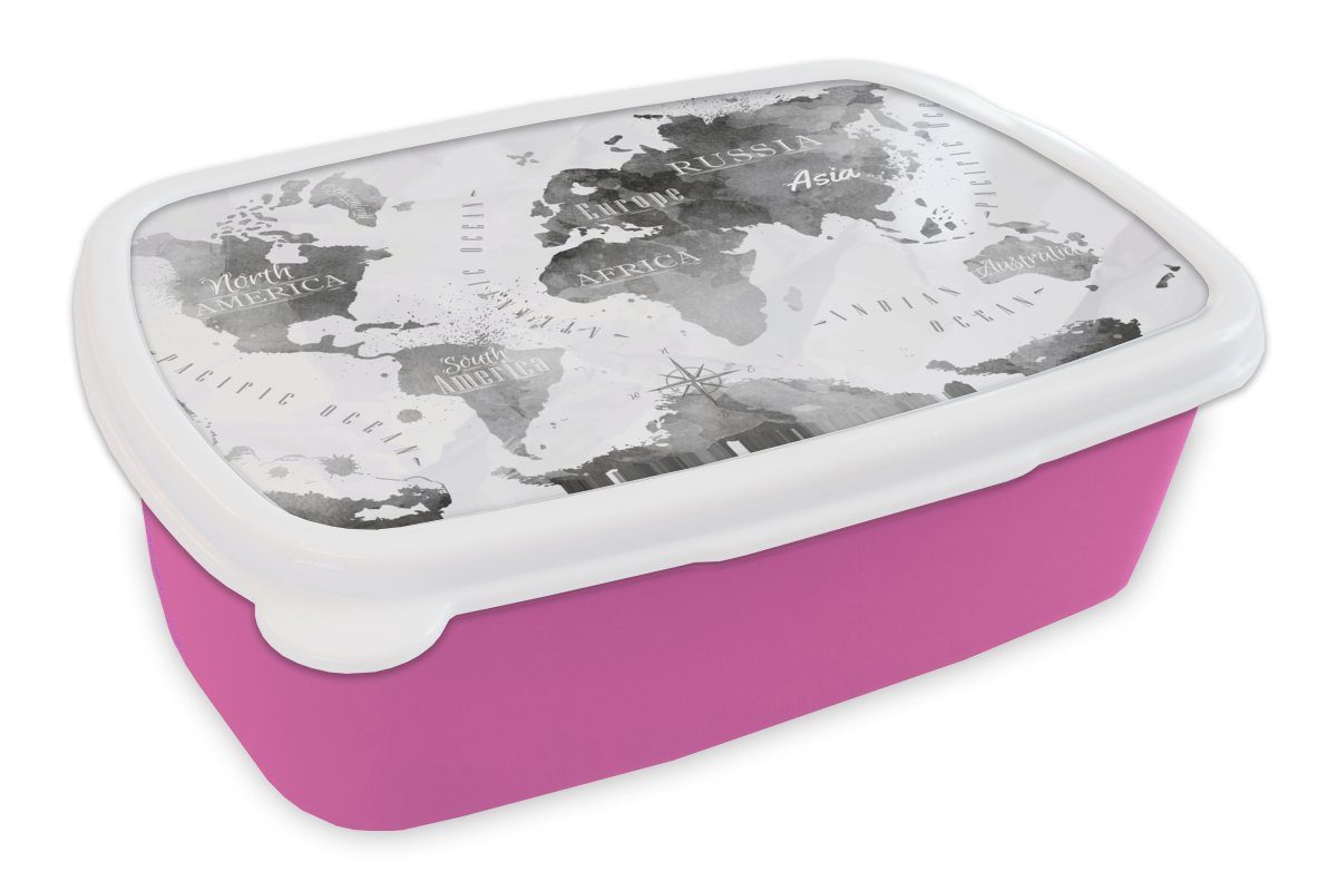 MuchoWow Lunchbox Weltkarte - Schwarz - Ölfarbe, Kunststoff, (2-tlg), Brotbox für Erwachsene, Brotdose Kinder, Snackbox, Mädchen, Kunststoff rosa