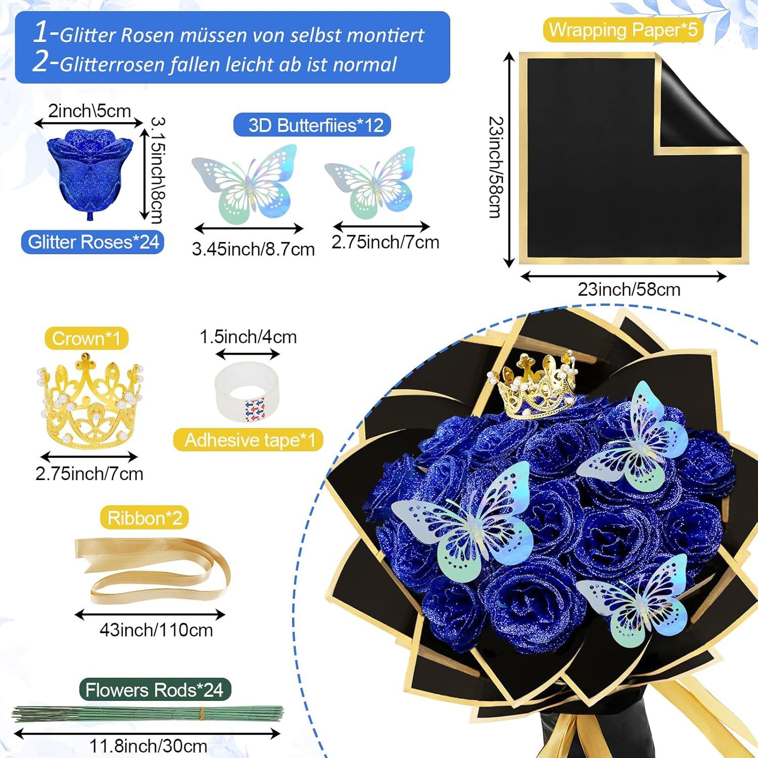 Kunstblume 24 Stück Glitzer Rosenstrauß, Künstliche Rosen mit Krone, Coonoo günstig online kaufen