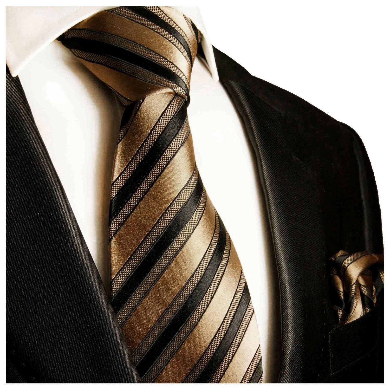 Paul Malone 2-St., 100% schwarz Tuch Breit Einstecktuch) Seide Seidenkrawatte Herren mit braun Krawatte (8cm), (Set, mit 281 modern gestreift Krawatte