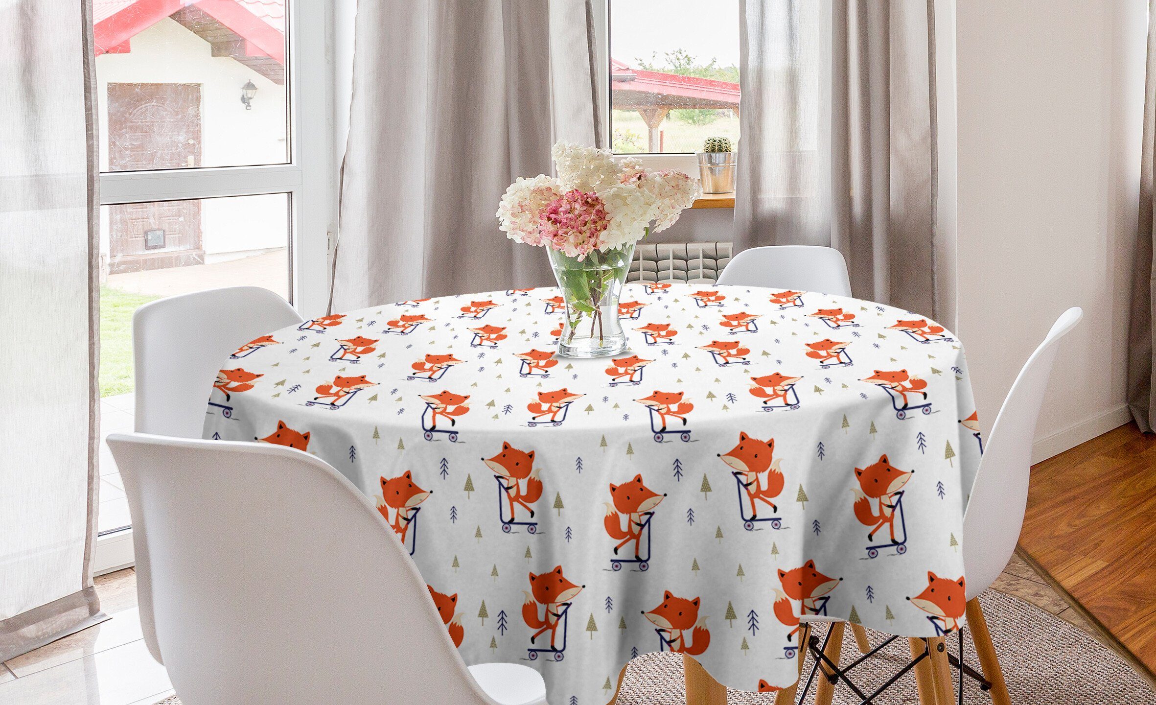 Abakuhaus Tischdecke Kreis Tischdecke Abdeckung Bäumen Dekoration, mit Scooter Fuchs Küche Kleinen Esszimmer Tier für