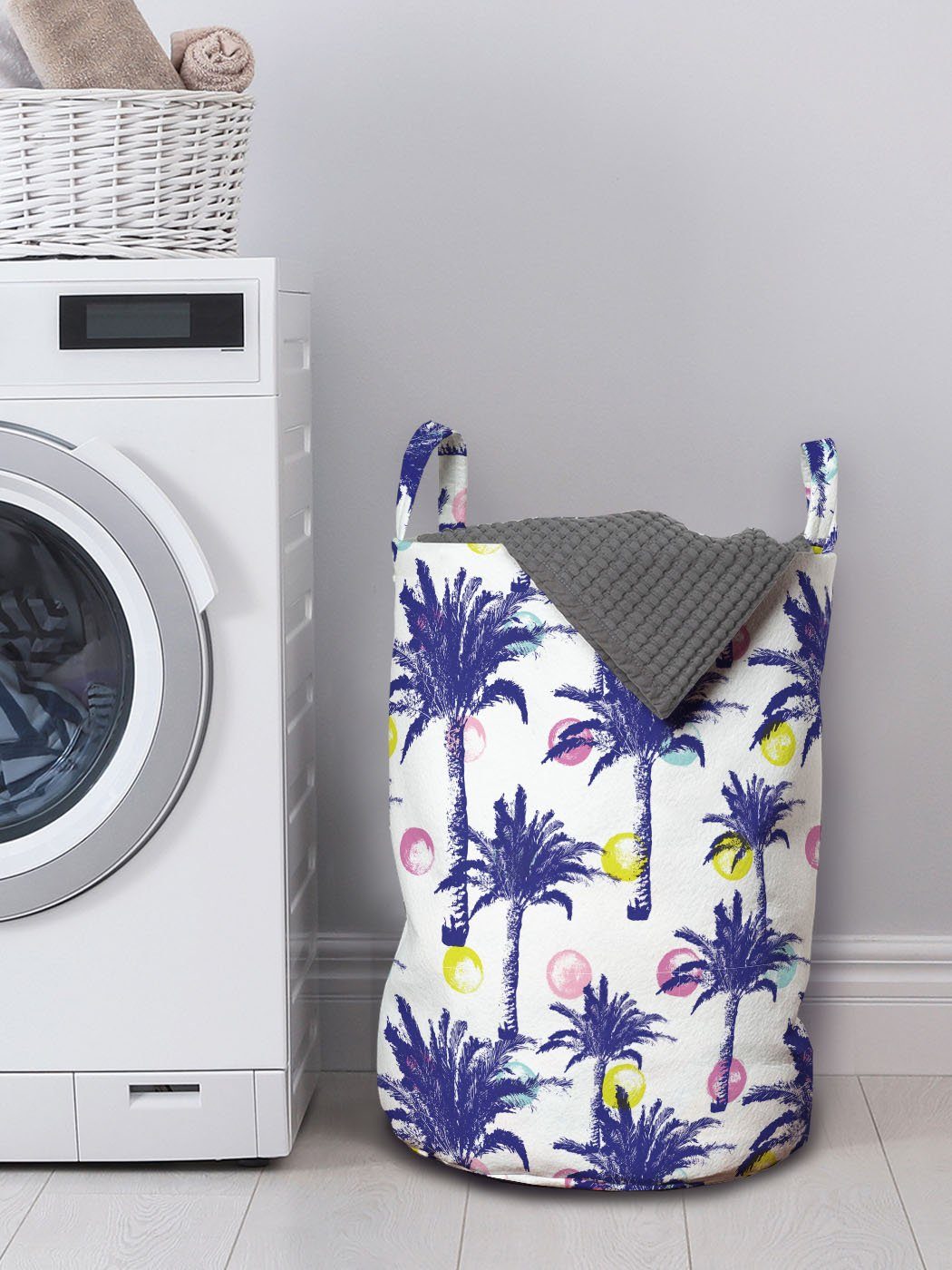 Abstrakt Kordelzugverschluss und Waschsalons, strich für Wäschekorb Griffen Wäschesäckchen Palmen Runden Abakuhaus mit