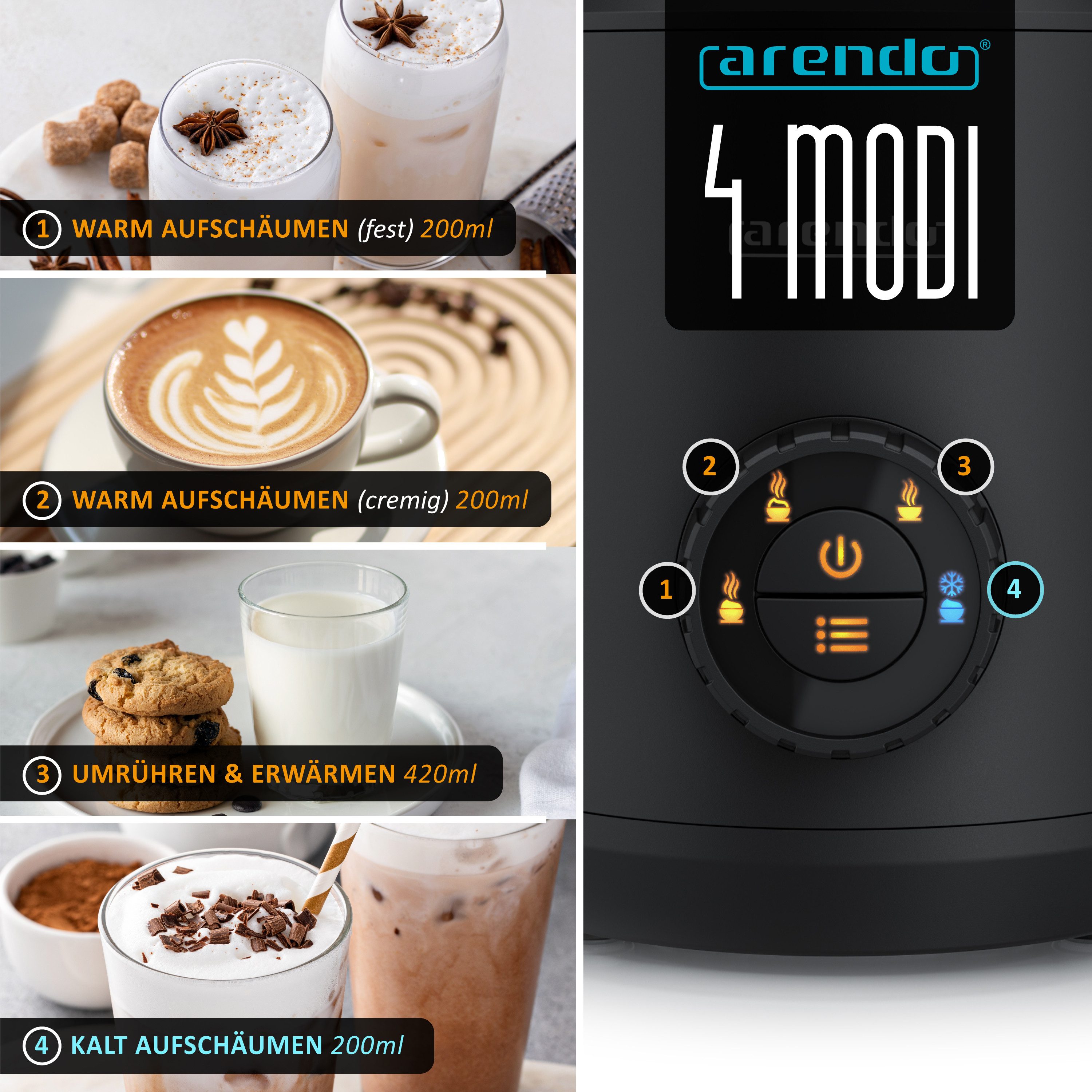 Arendo Milchaufschäumer 4in1 Induktion, warm & kalt Schaum, 400ml, Edelstahl, Latte Art, Milk, 550 W, spülmaschinengeeignet, Hafermilch, Kakao, Füllskala, Elektrisch