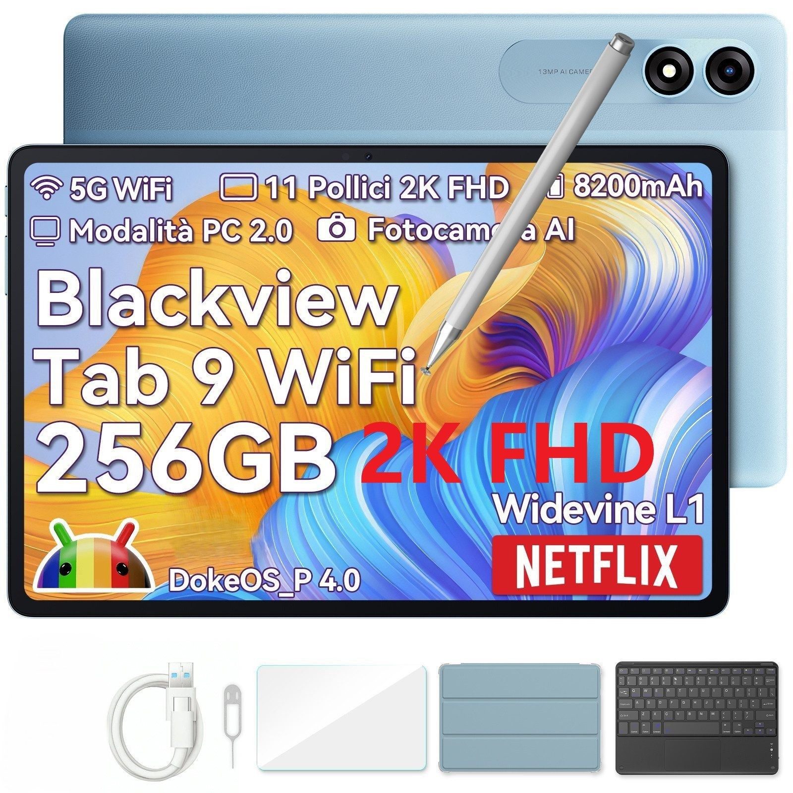 blackview 2025 11 " Tab9Wifi FHD Android 15 incl. Hülle/Tastatur/Smartwatch Tablet (11", 256 GB, 14, Android 14/15, FHD, 8200 mAh, Face ID, Dual-Box)