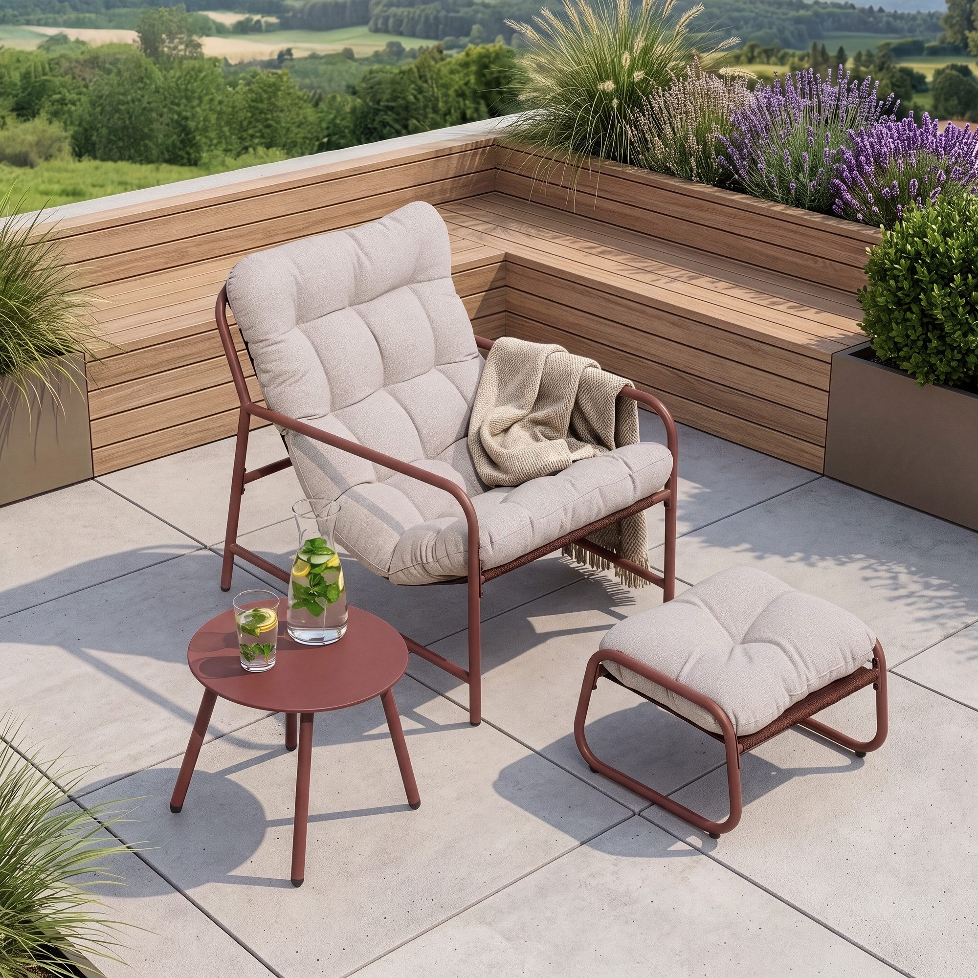 en.casa Gartenlounge-Set, (Set, 3-tlg., Gartenstuhl, Gartentisch, Fußhocker), »Trerdfjoa« Polsterkissen Metallgestell Rostfarben/Grau
