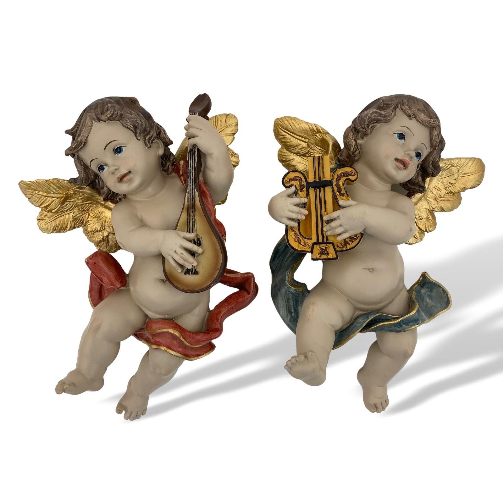 Aubaho Dekofigur 2er Set Engel Putte Figur Mandoline Harfe zum Aufhängen 21cm Antik-Sti