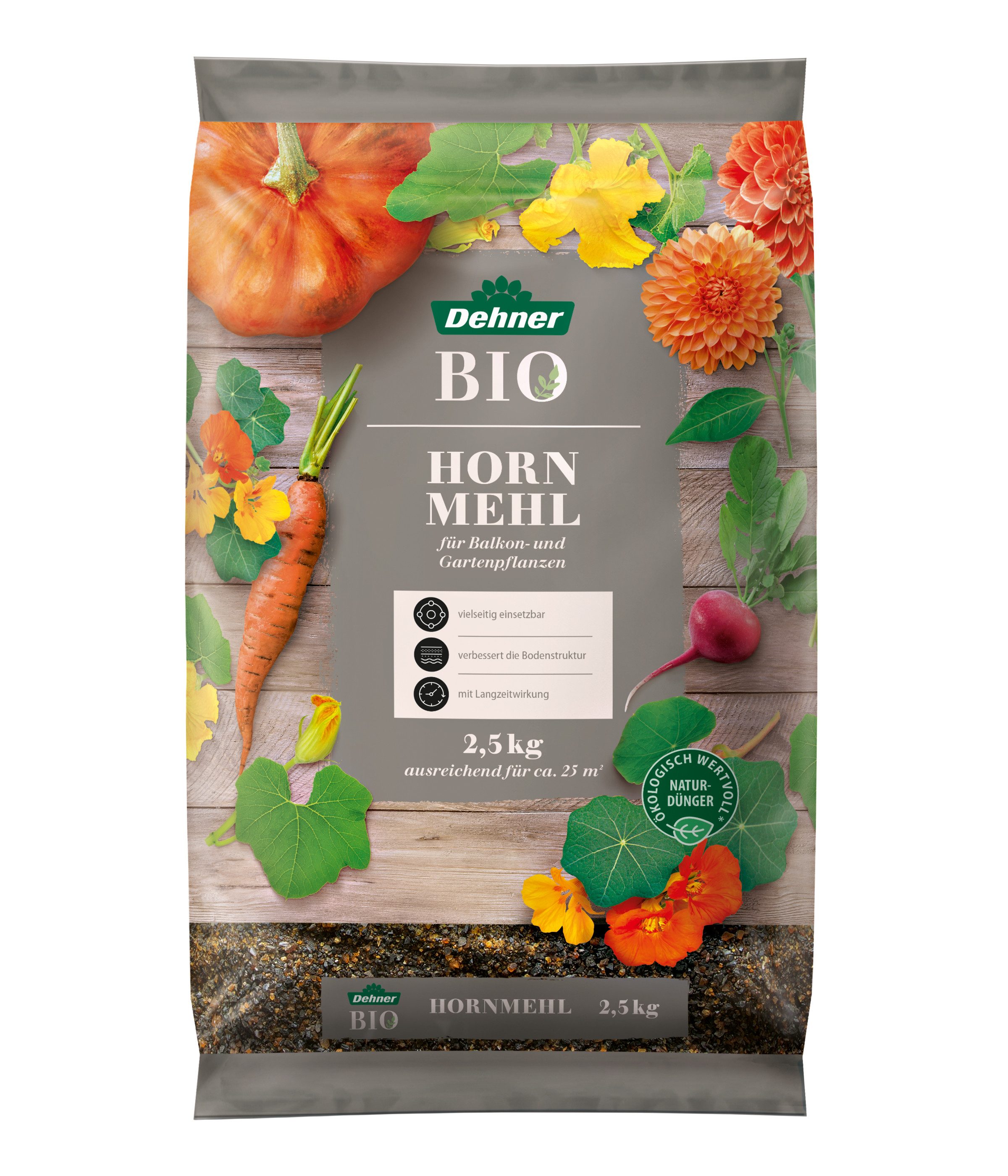 Dehner Gartendünger Bio Hornmehl, 2.5 kg, reicht für ca. 25 qm, 25 m², natürlicher Stickstoffdünger