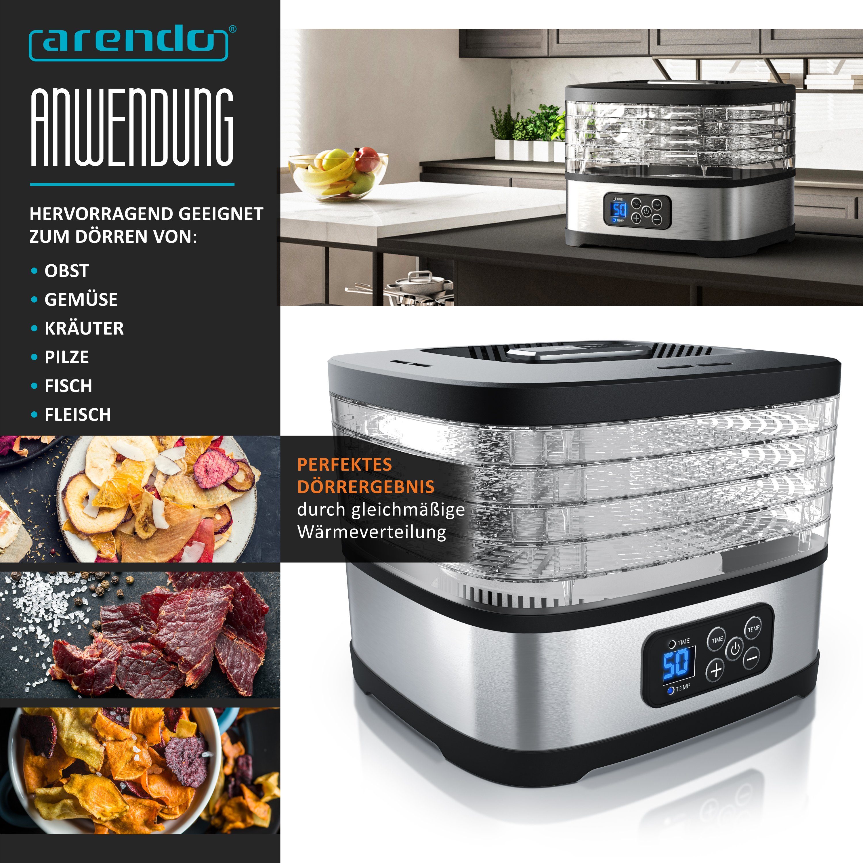 Arendo Dörrautomat mit Temperaturregler, 5 Etagen, 35-70°C, kompakt, Dörrgerät 240 W, Timer 1-72h, je Fach 2 Höhen, BPA-frei, Dehydrator, 5 Einlegefächer